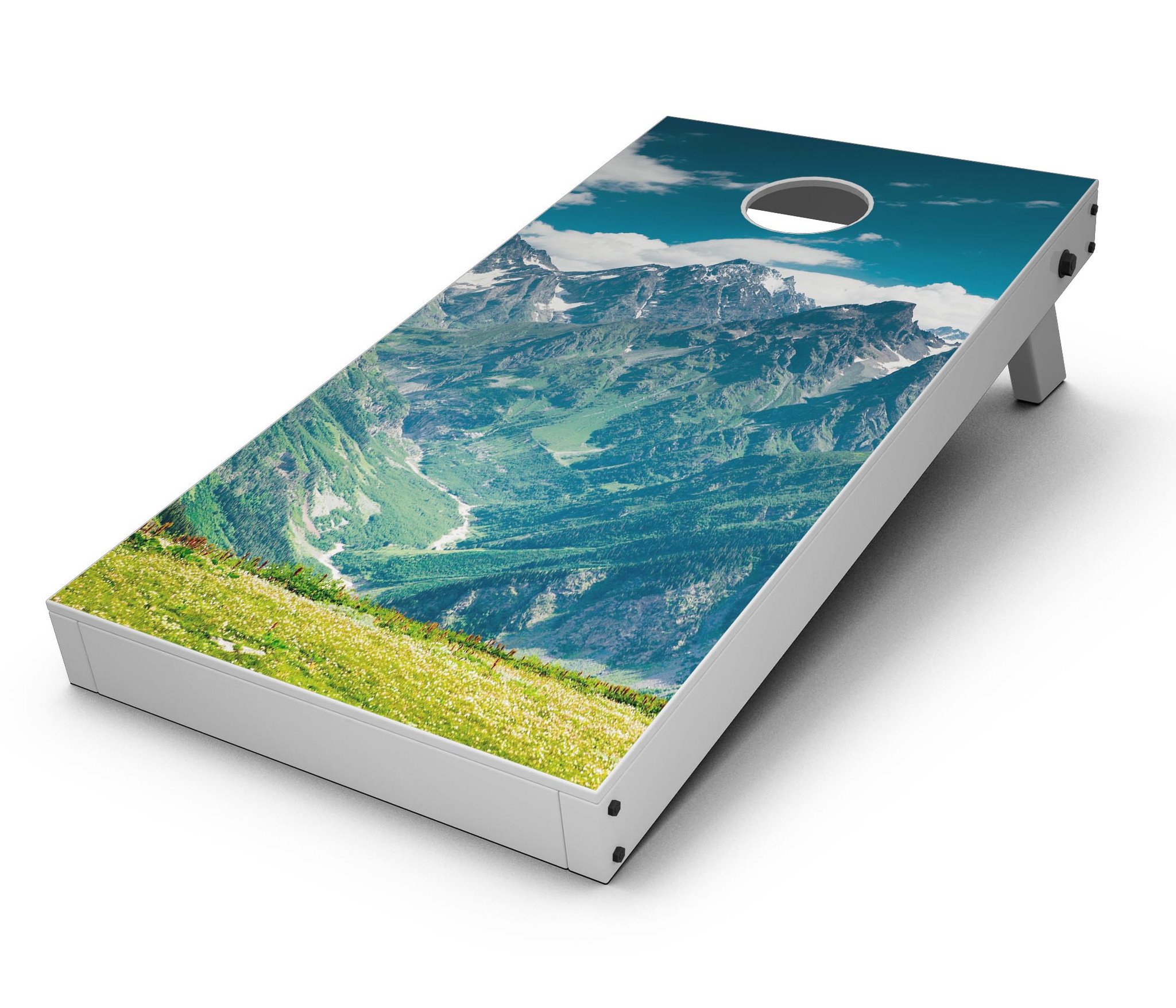 Scenic Mountaintops CornHole Board Skin Decal Kit showcasing vibrant mountain scenery on a Cornhole board.