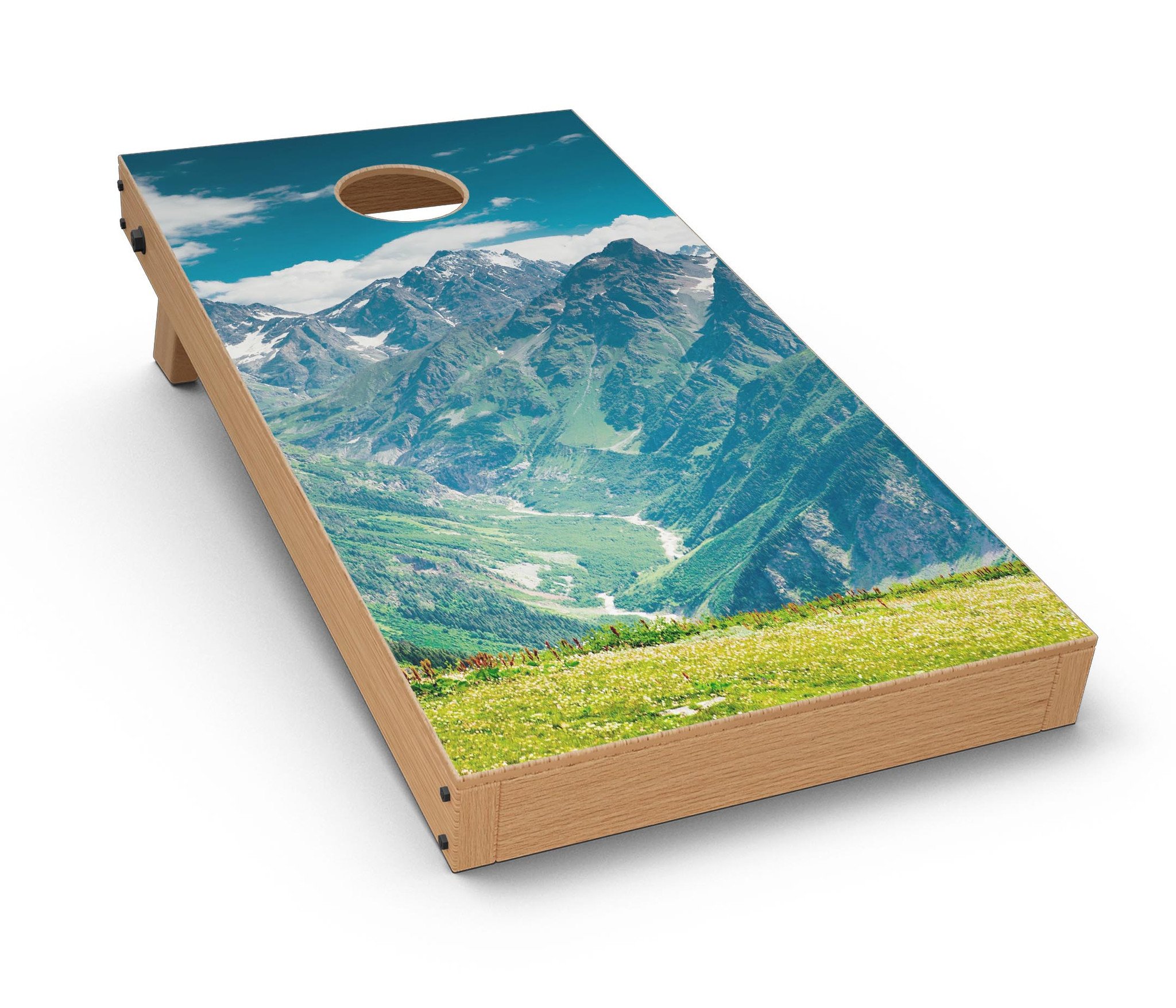 Scenic Mountaintops CornHole Board Skin Decal Kit showcasing vibrant mountain scenery on a Cornhole board.