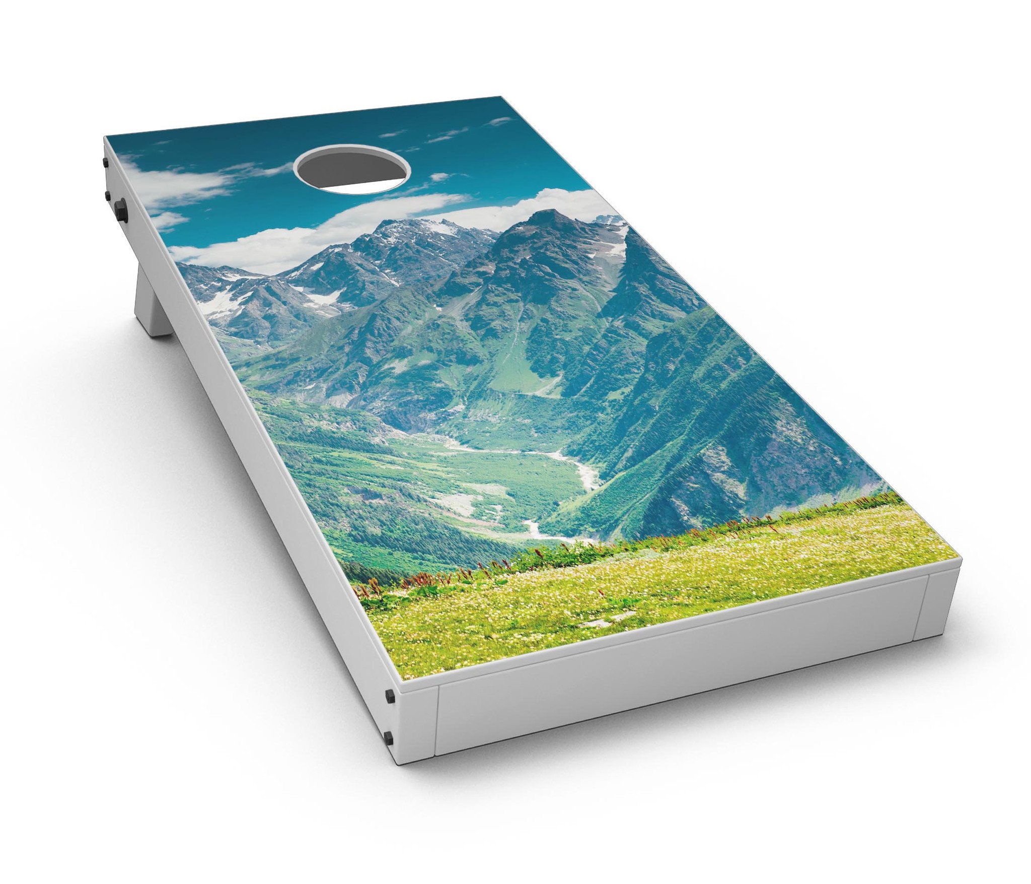 Scenic Mountaintops CornHole Board Skin Decal Kit showcasing vibrant mountain scenery on a Cornhole board.