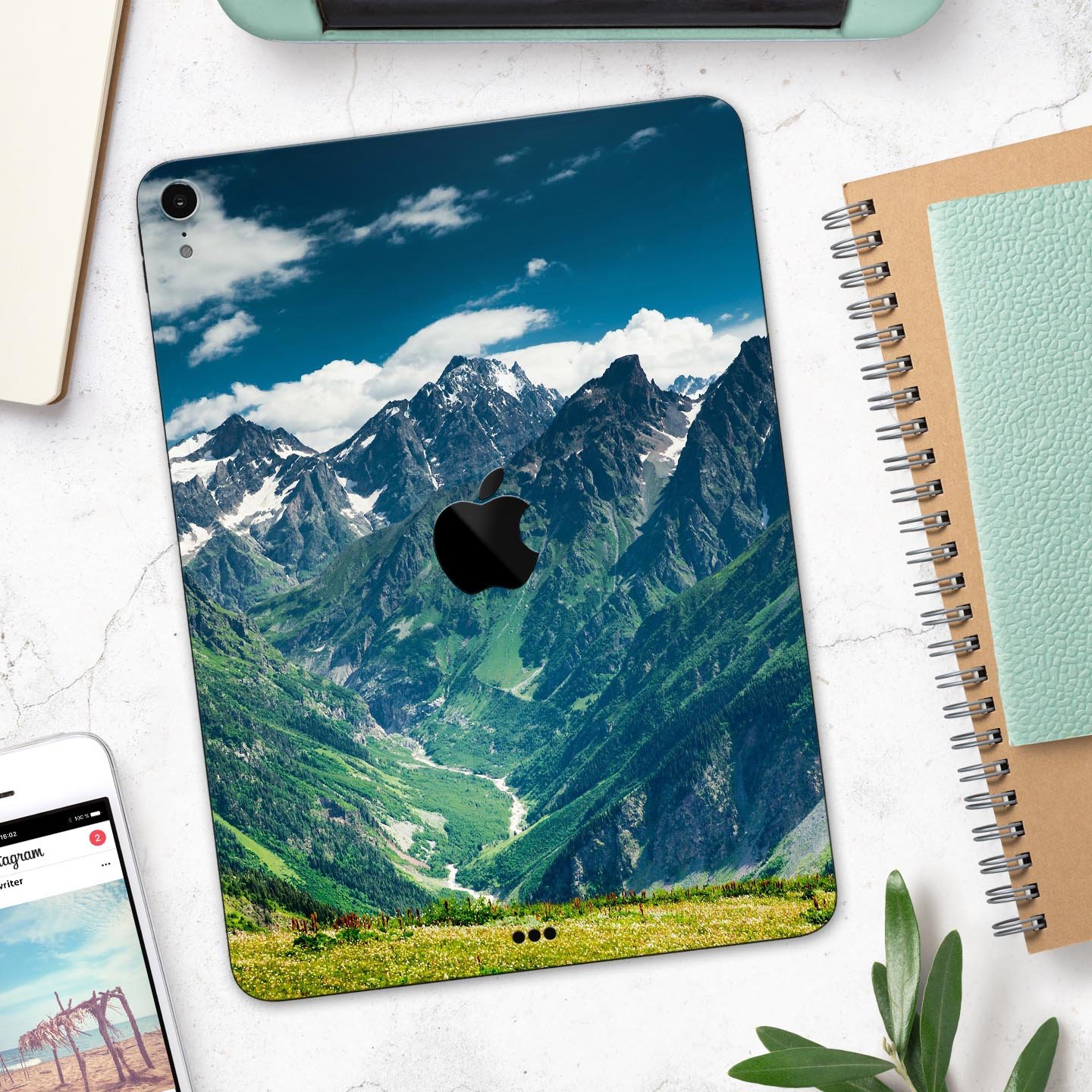 Scenic Mountaintops full body skin decal for Apple iPad Pro, showcasing a beautiful mountain landscape design.