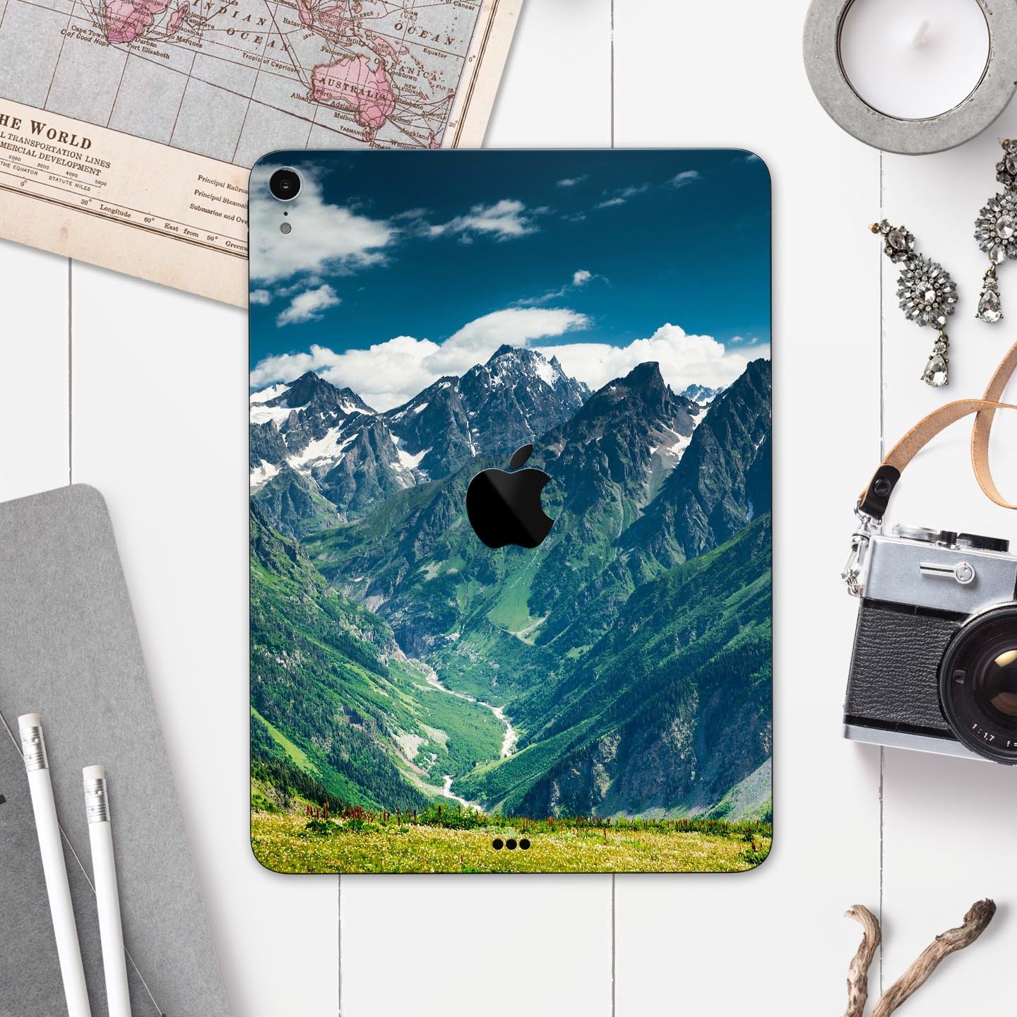 Scenic Mountaintops full body skin decal for Apple iPad Pro, showcasing a beautiful mountain landscape design.