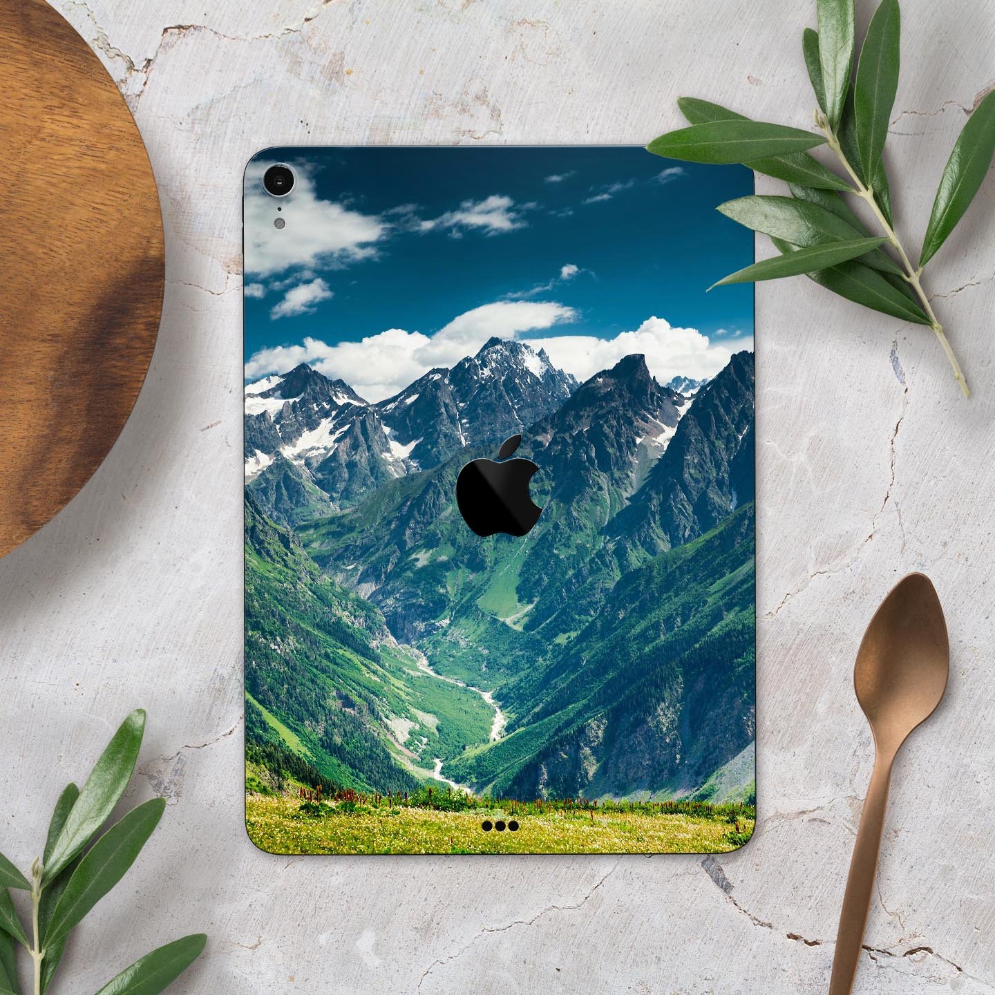 Scenic Mountaintops full body skin decal for Apple iPad Pro, showcasing a beautiful mountain landscape design.