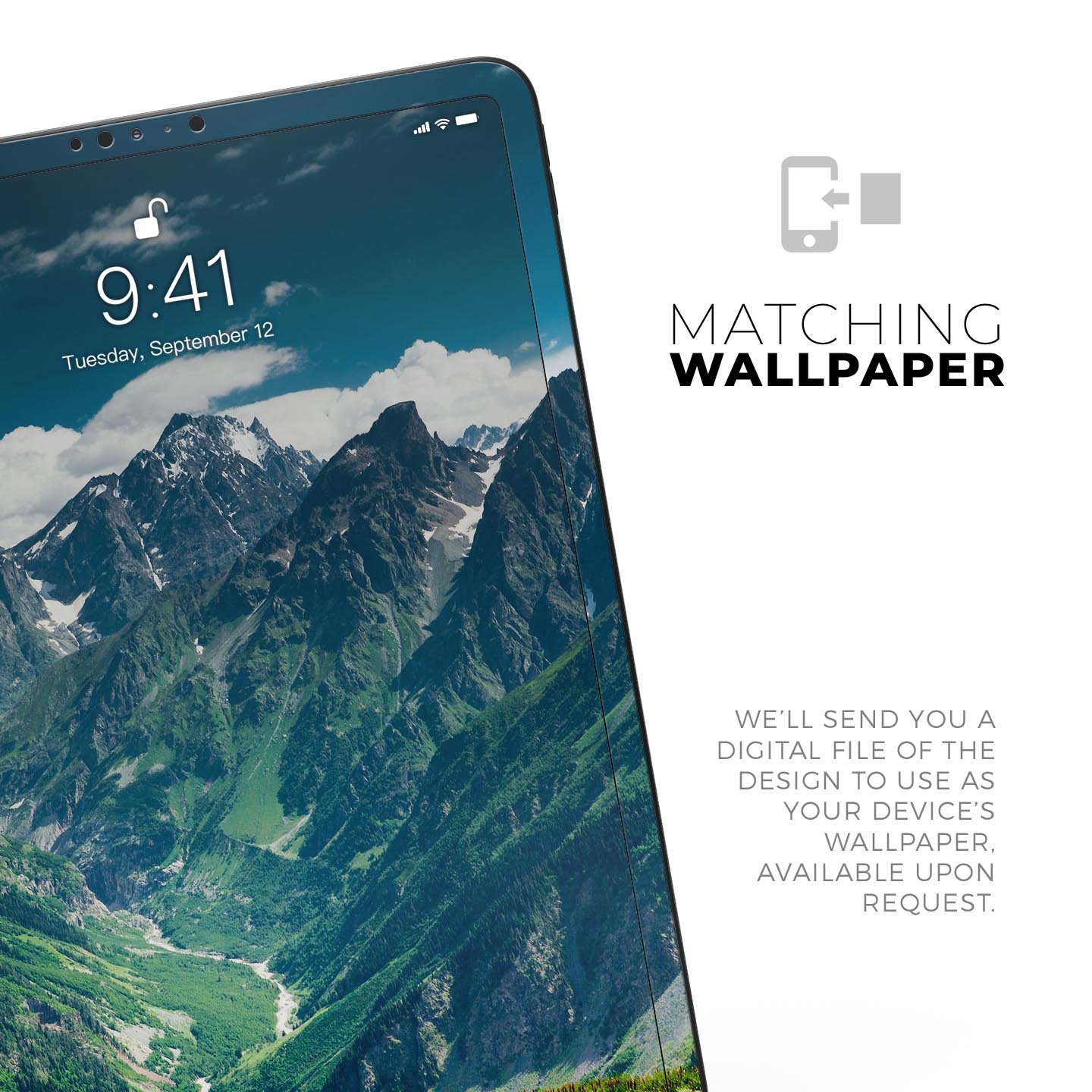 Scenic Mountaintops full body skin decal for Apple iPad Pro, showcasing a beautiful mountain landscape design.