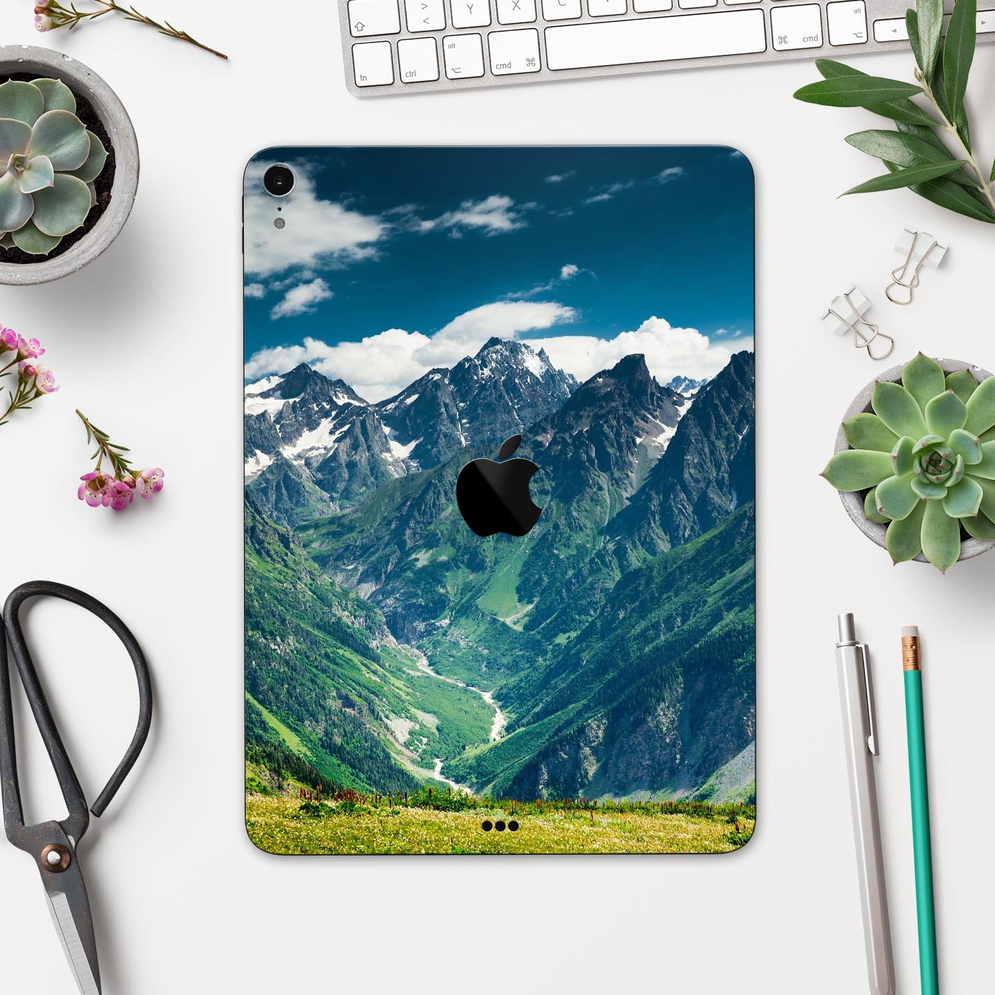 Scenic Mountaintops full body skin decal for Apple iPad Pro, showcasing a beautiful mountain landscape design.