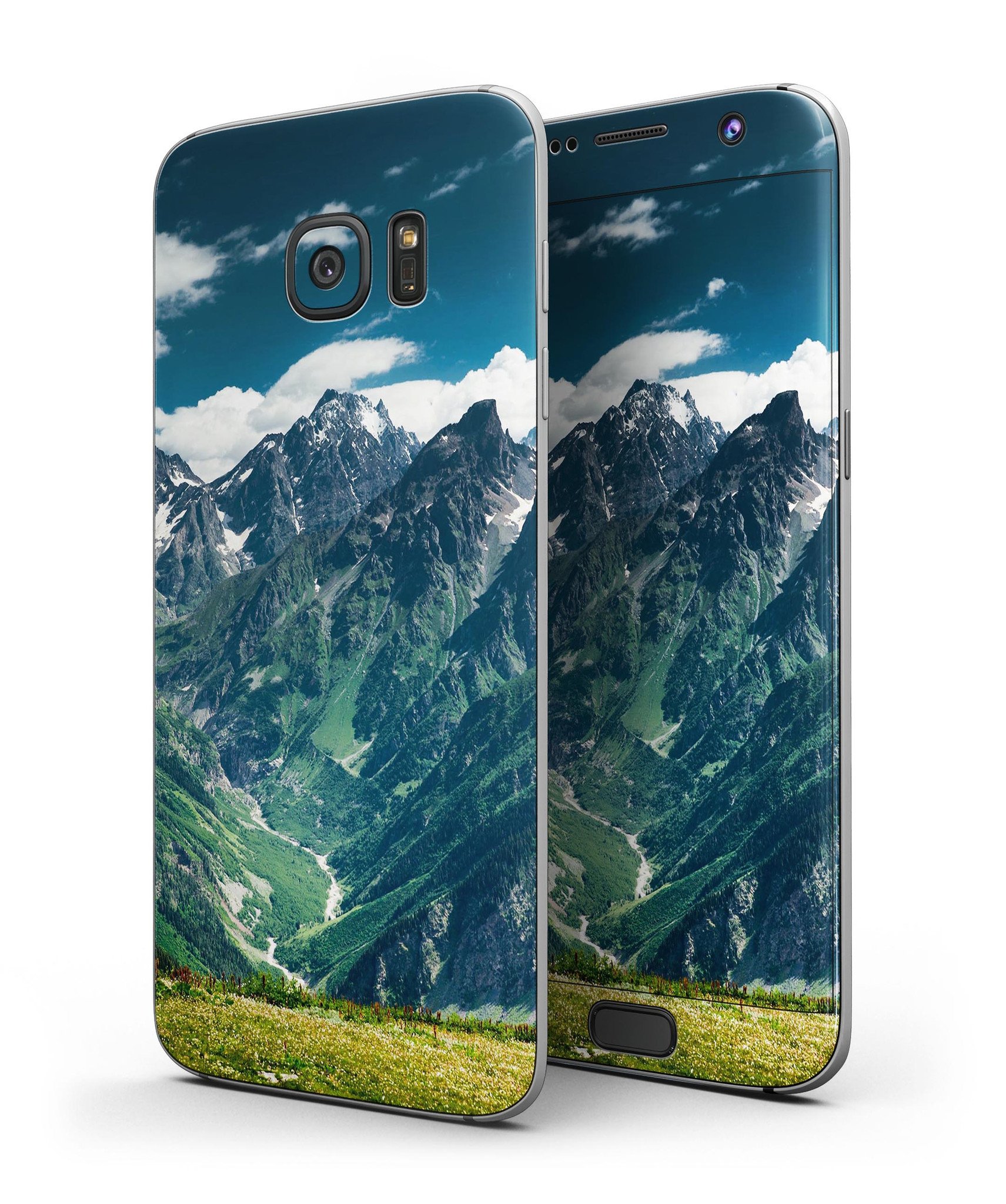 Scenic Mountaintops Full Body Skin-Kit for Samsung Galaxy S7, showcasing vibrant mountain design and sleek finish.