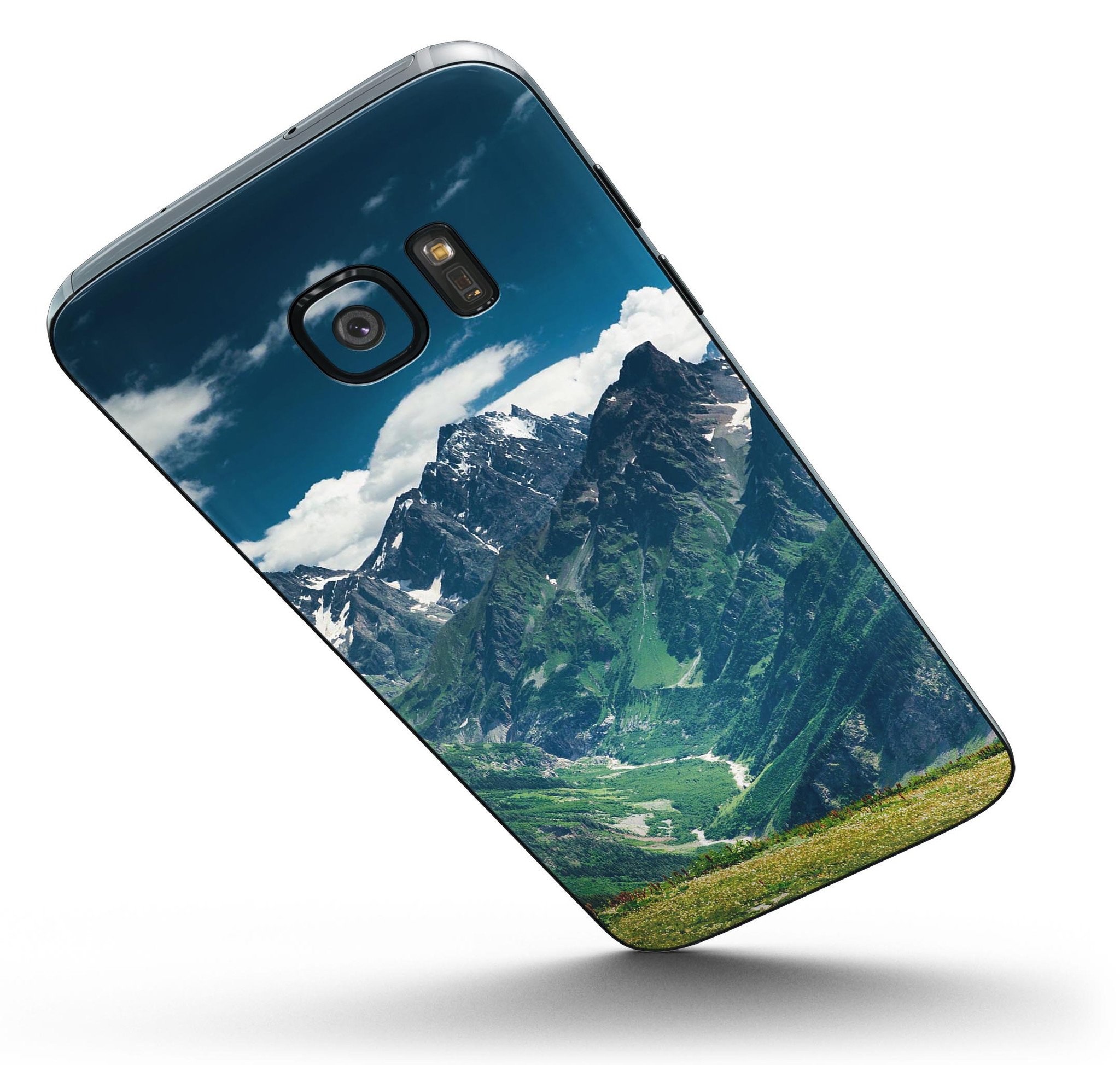 Scenic Mountaintops Full Body Skin-Kit for Samsung Galaxy S7, showcasing vibrant mountain design and sleek finish.