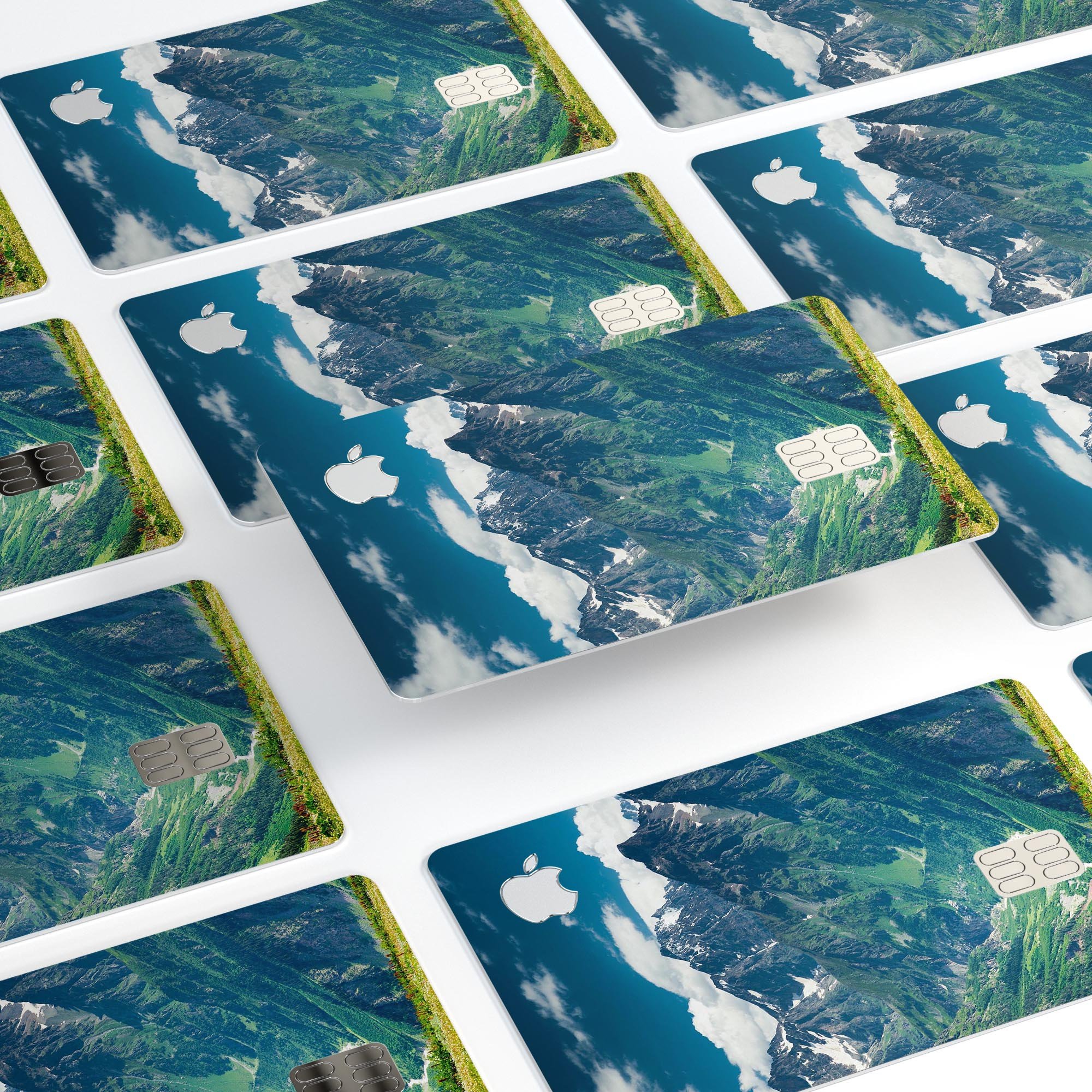 Scenic Mountaintops decal skin-kit for Apple Card, showcasing premium vinyl design and finishes.