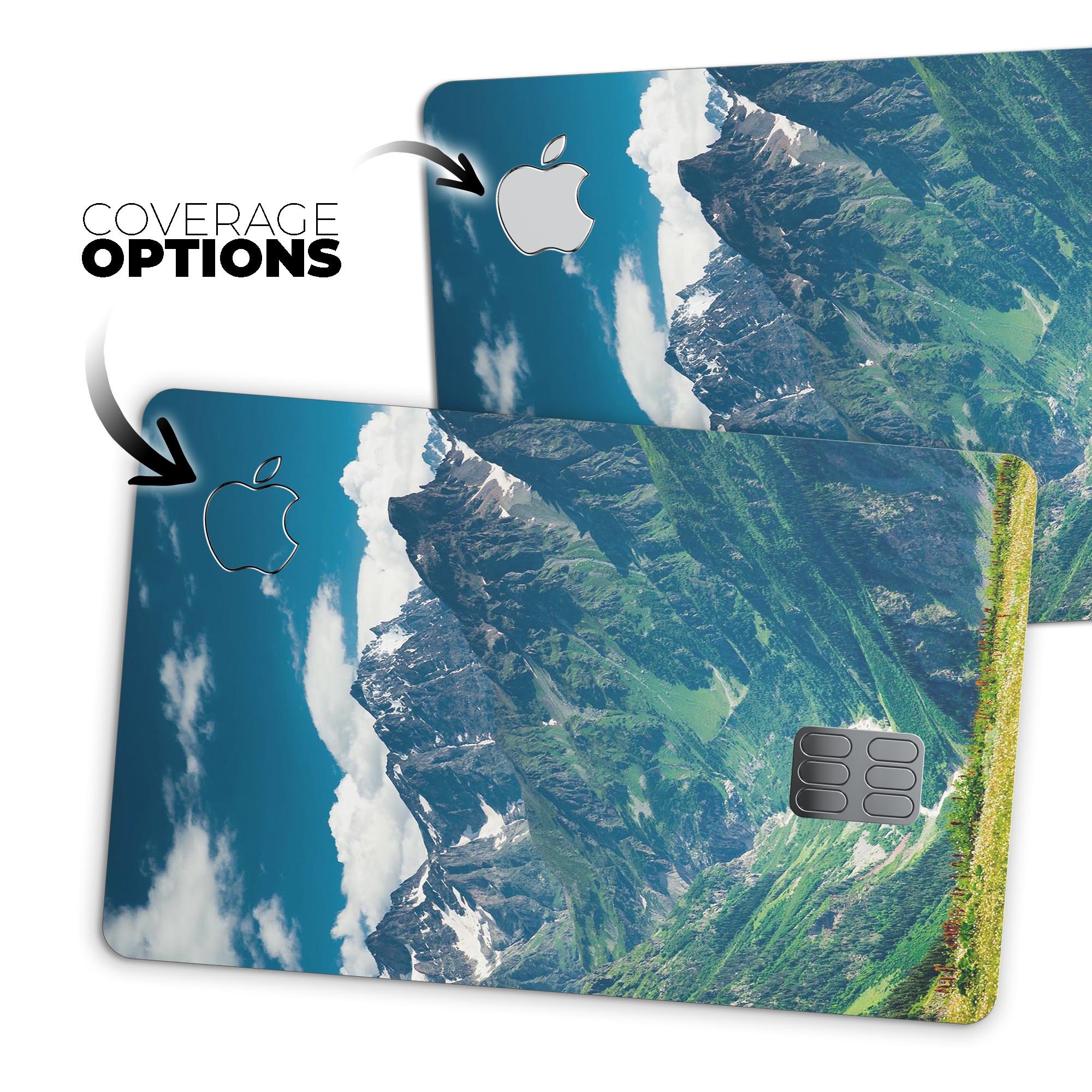 Scenic Mountaintops decal skin-kit for Apple Card, showcasing premium vinyl design and finishes.