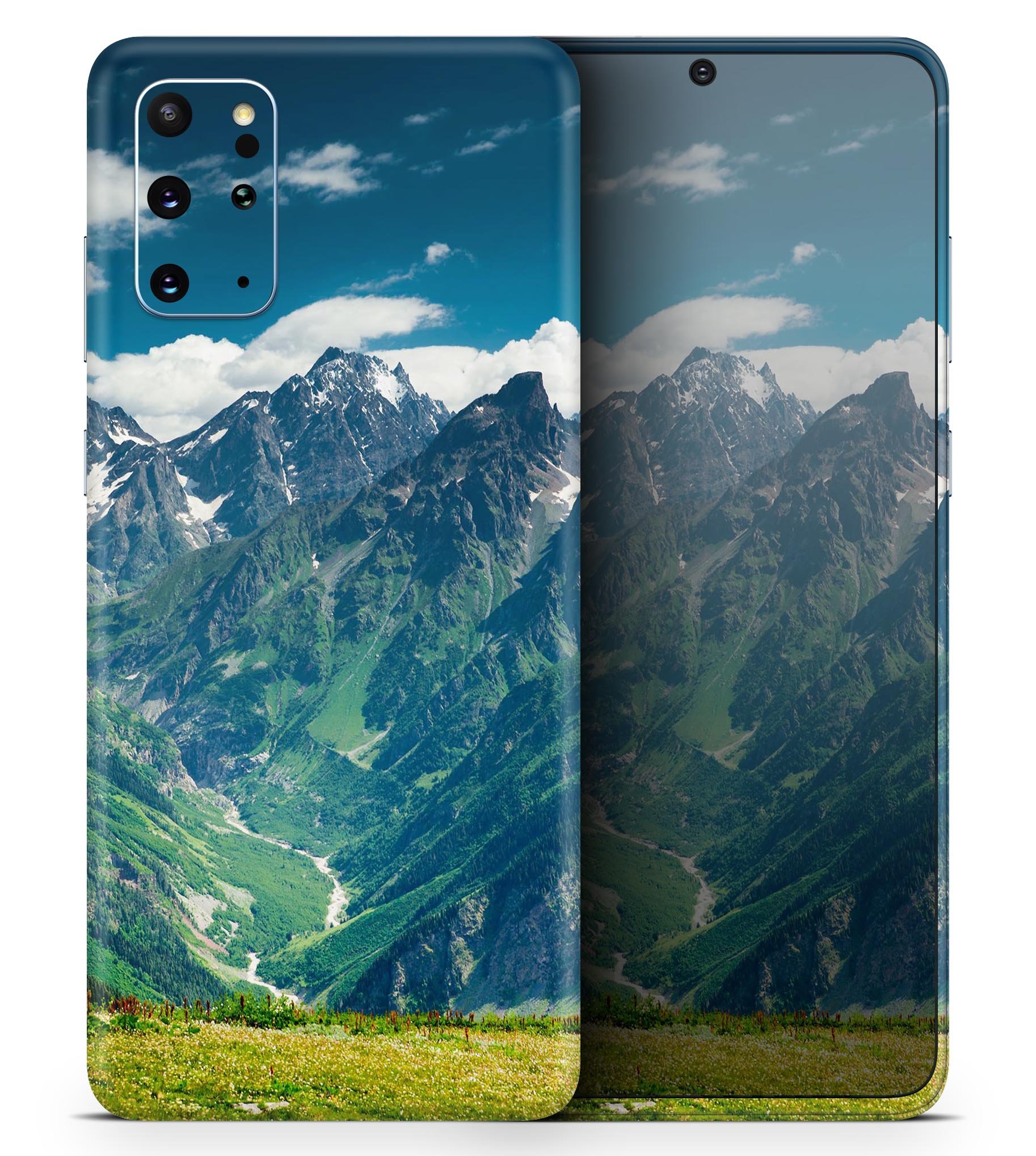 Scenic Mountaintops Skin-Kit for Samsung Galaxy S20, showcasing vibrant mountain graphics on a sleek vinyl surface.