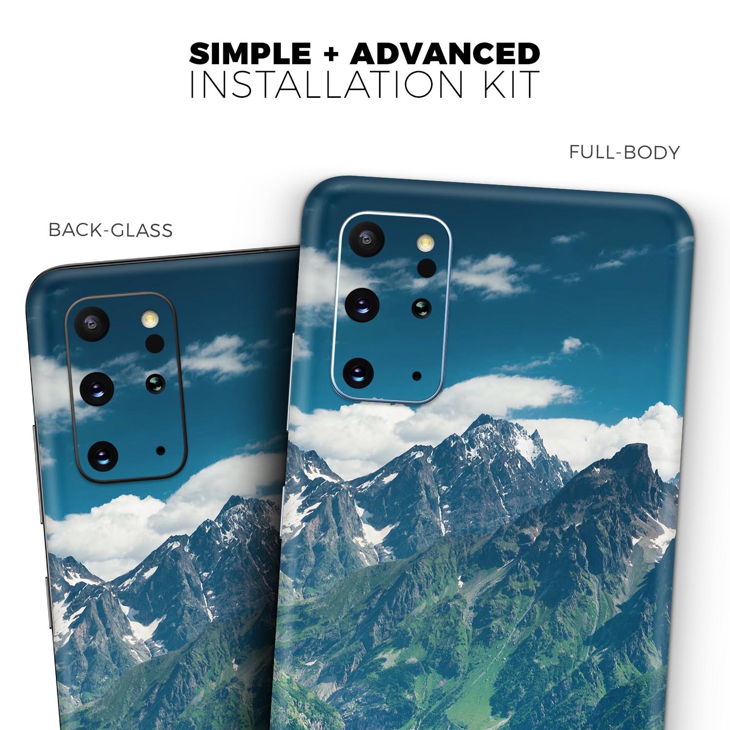 Scenic Mountaintops Skin-Kit for Samsung Galaxy S20, showcasing vibrant mountain graphics on a sleek vinyl surface.