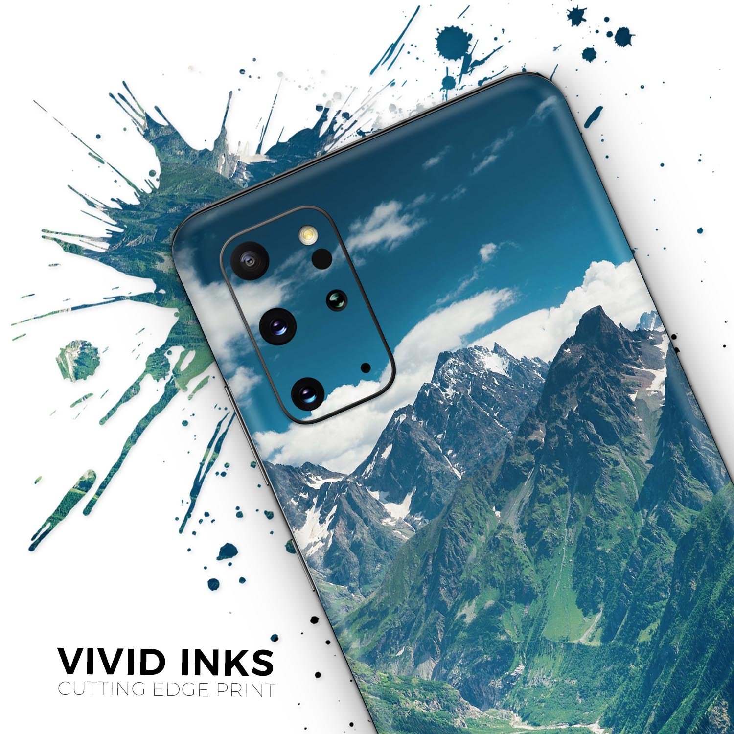 Scenic Mountaintops Skin-Kit for Samsung Galaxy S20, showcasing vibrant mountain graphics on a sleek vinyl surface.