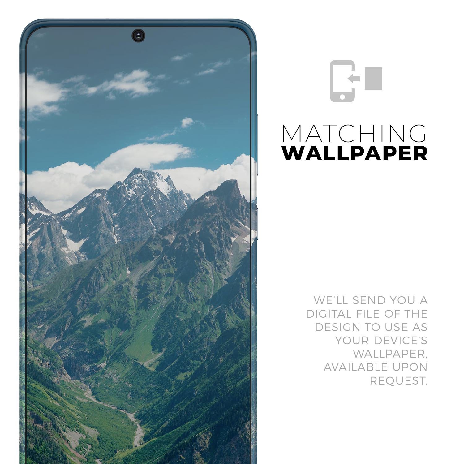 Scenic Mountaintops Skin-Kit for Samsung Galaxy S20, showcasing vibrant mountain graphics on a sleek vinyl surface.