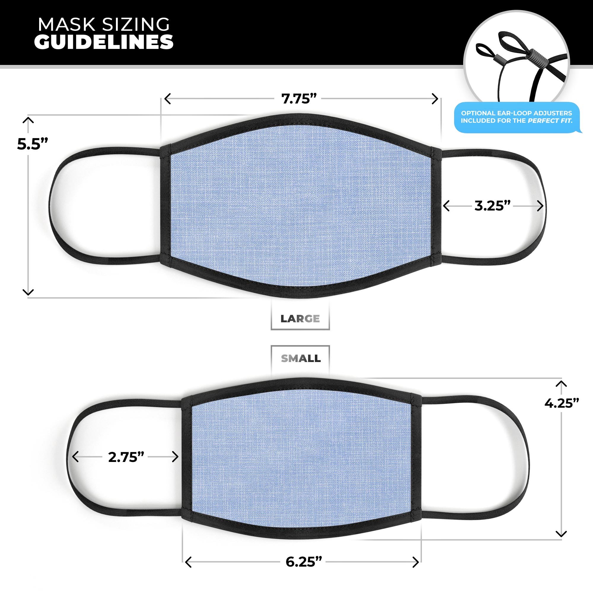 Dye-sublimated reusable 3D face mask with a scratched blue fabric pattern, adjustable ear loops, and soft cotton interior.