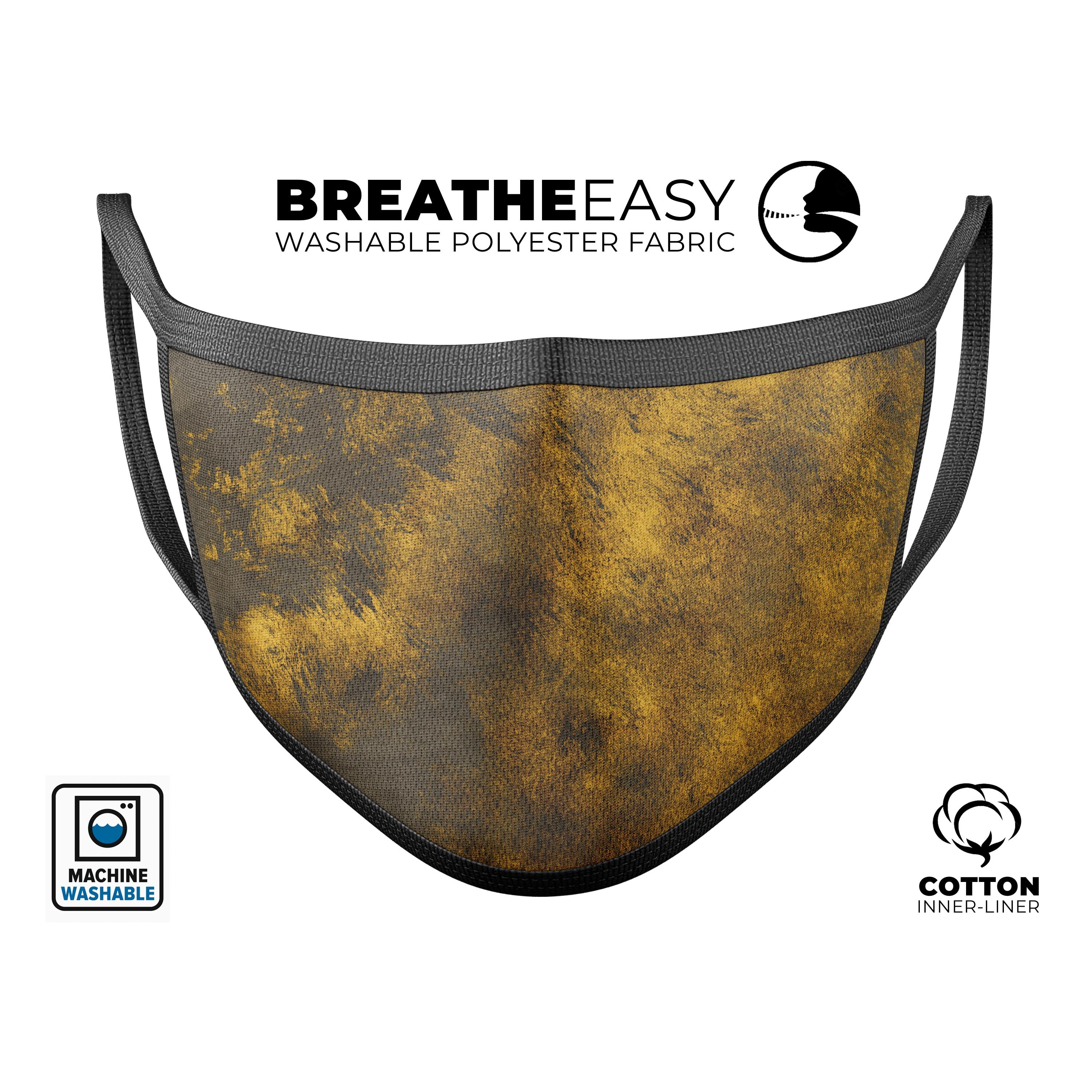 Scratched Gold Standard V1 mouth cover, a stylish unisex anti-dust mask made in the USA, featuring adjustable ear-loops and a breathable cotton interior.