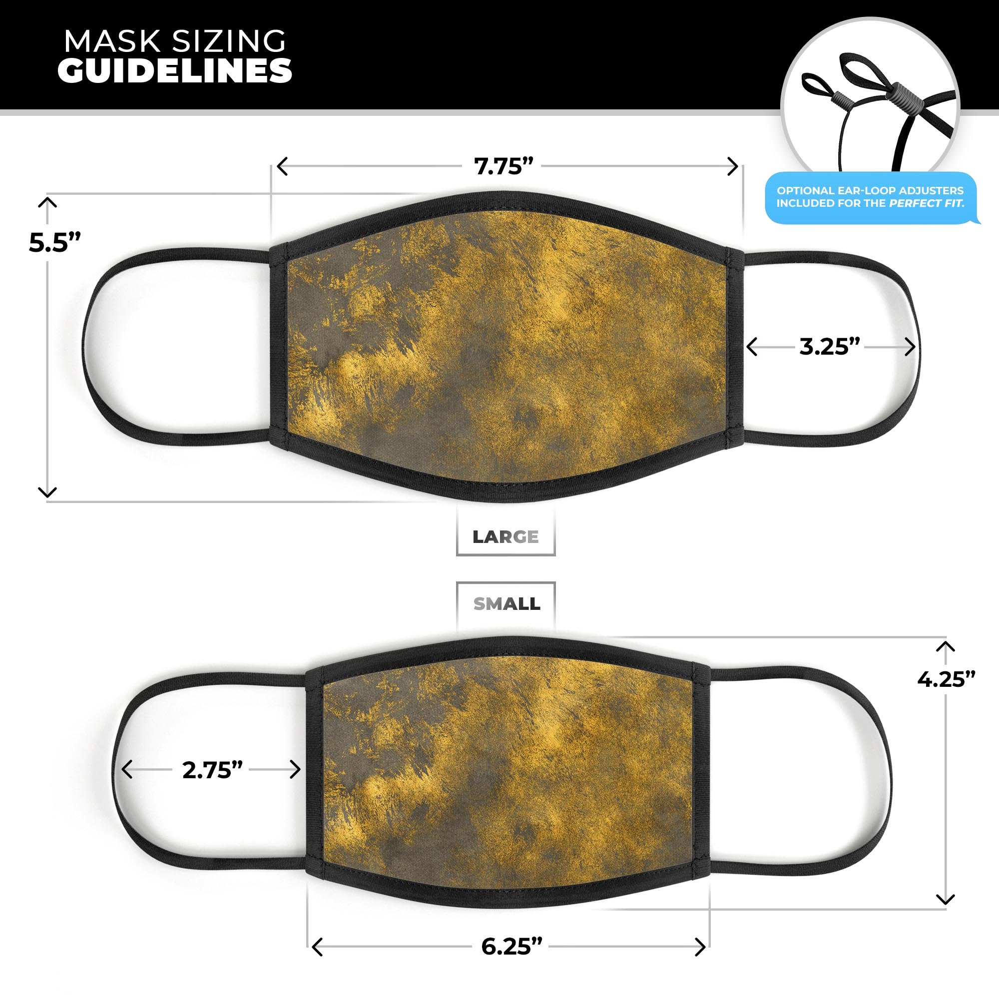 Scratched Gold Standard V1 mouth cover, a stylish unisex anti-dust mask made in the USA, featuring adjustable ear-loops and a breathable cotton interior.