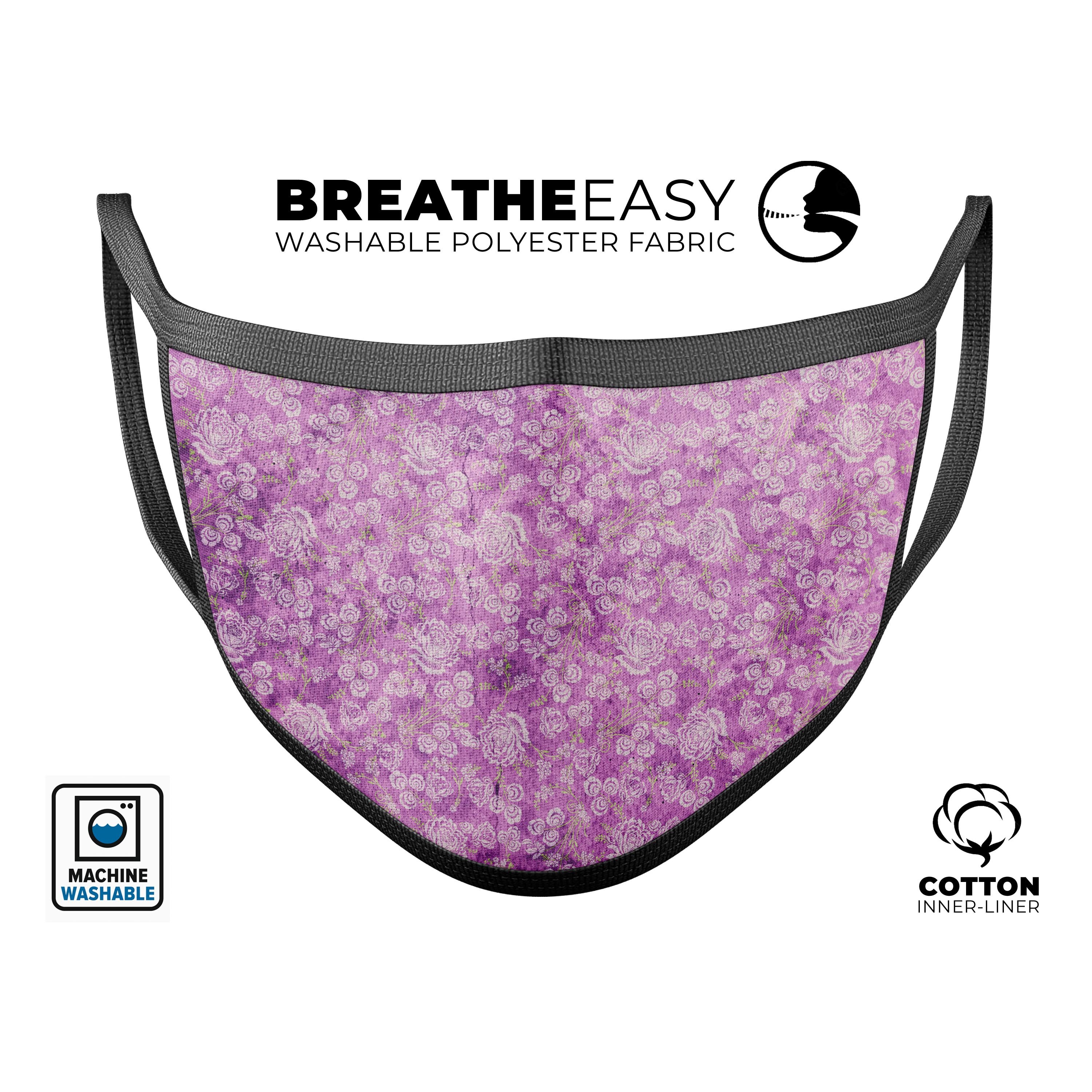 Scratched Purple Grunge Floral Pattern mouth cover, showcasing vibrant colors and adjustable ear loops for a perfect fit.