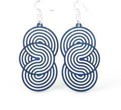 A pair of Seamless Circle Earrings made from sustainably sourced wood, featuring a vibrant Royal Blue color and silver-finished stainless steel ear wires.