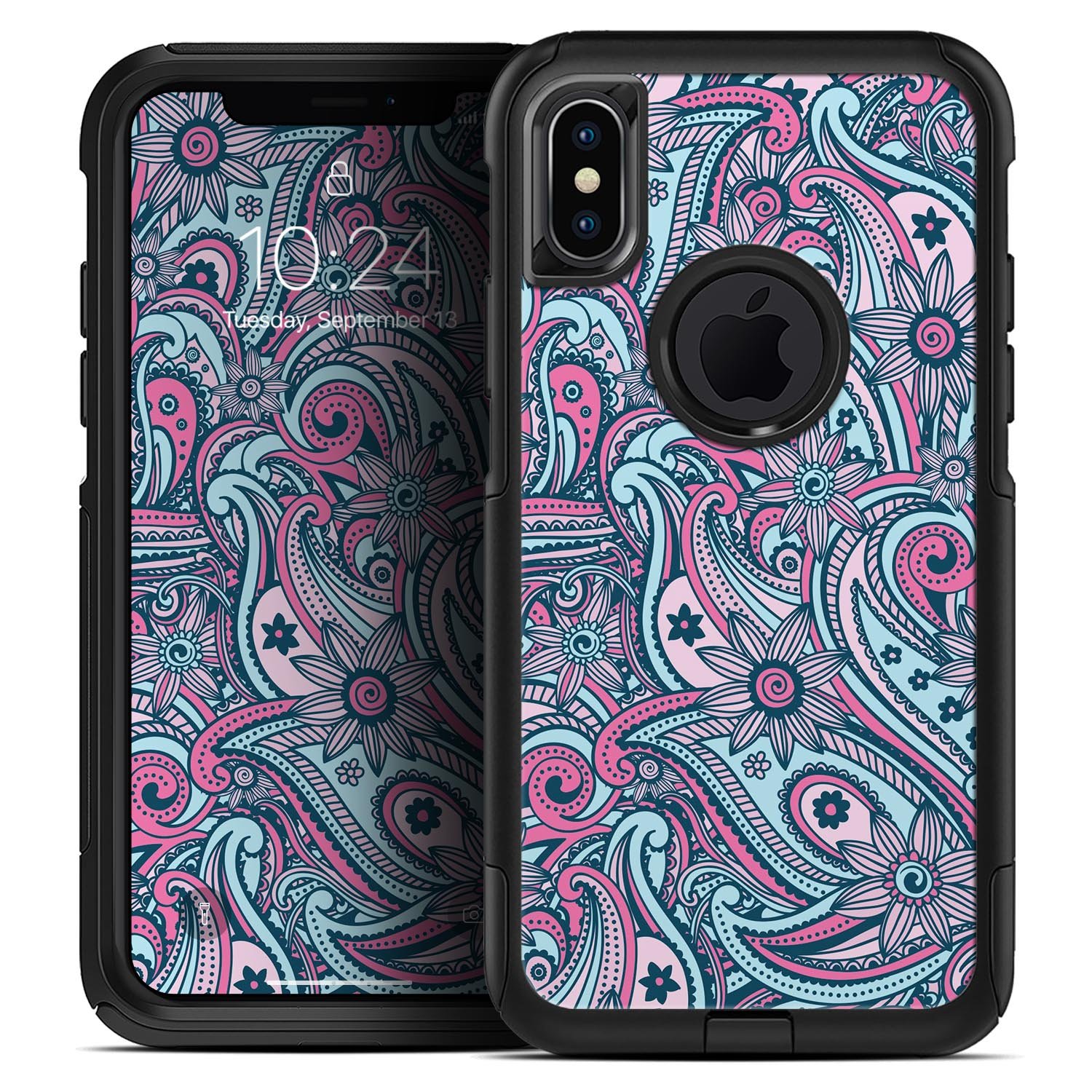 Seamless Mint and Pink Sprout Skin Kit for iPhone OtterBox Cases, showcasing vibrant mint and pink colors with a sleek design.