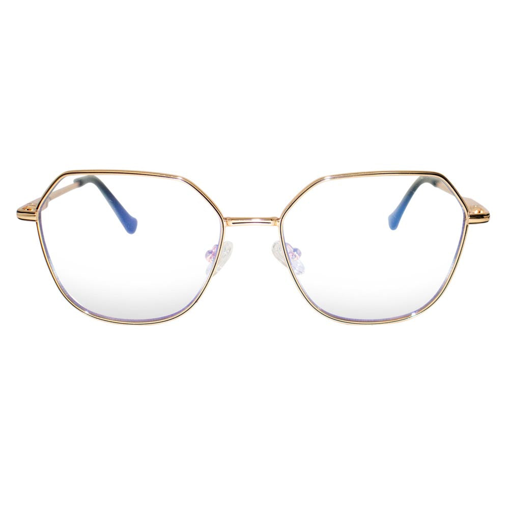 Selena Blue Light Blocking Glasses with geometric design and metal frames, featuring rubberized ear tips and nose pads.