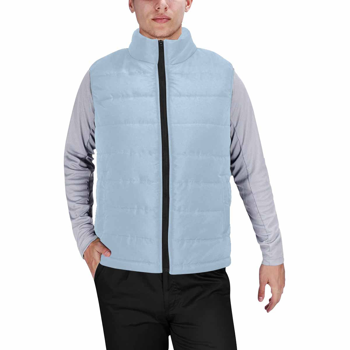 Serenity Blue Men's Padded Vest featuring a quilted bomber design with a zipper closure, made from high-grade matte cloth.