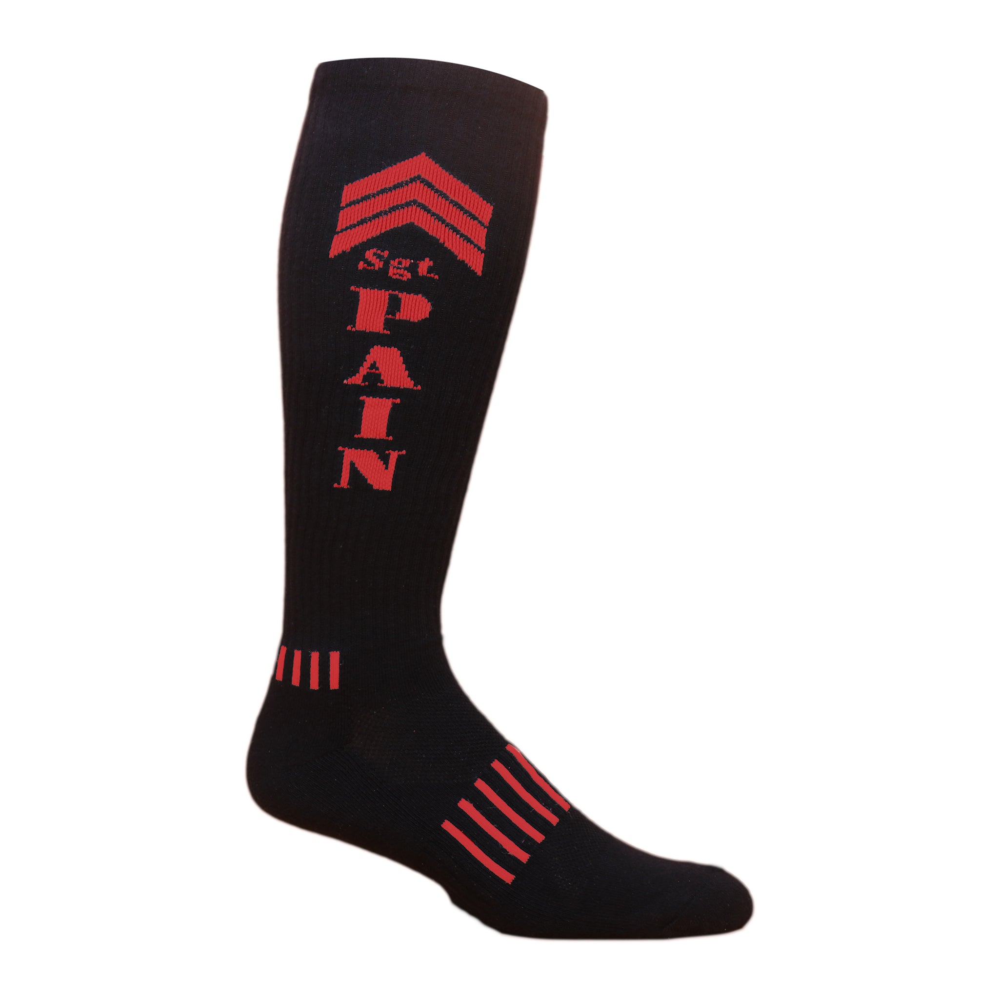 Sergeant Pain Knee High Socks featuring a military skull design, black fabric with colorful logos, ideal for workouts.