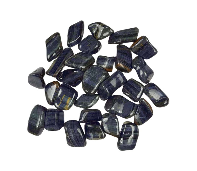 A set of 10 unique tumbled Blue Tiger's Eye crystals, showcasing their beautiful blue and golden hues, perfect for meditation and crystal grids.