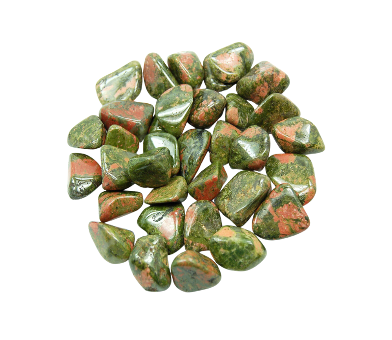 A set of 10 tumbled green unakite crystals, showcasing their unique colors and textures, ideal for spiritual practices and crystal grids.