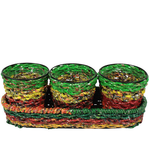 Set of 3 small planters made from colorful recycled candy wrappers, showcasing eco-friendly craftsmanship and vibrant design.