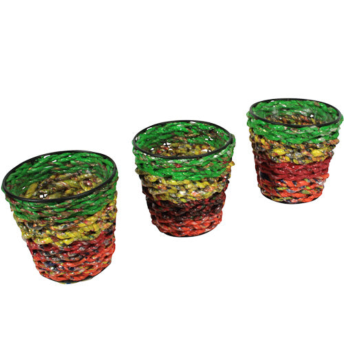 Set of 3 small planters made from colorful recycled candy wrappers, showcasing eco-friendly craftsmanship and vibrant design.