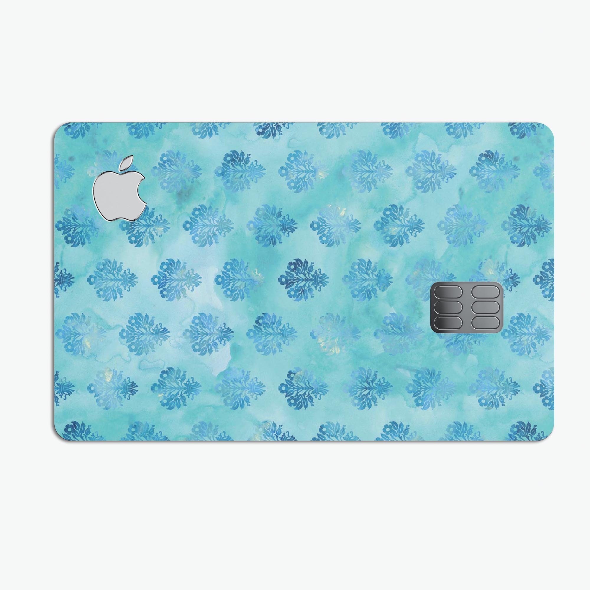 Shabby Chic Blue Watercolor Pattern decal on an Apple Card, showcasing its vibrant colors and protective design.