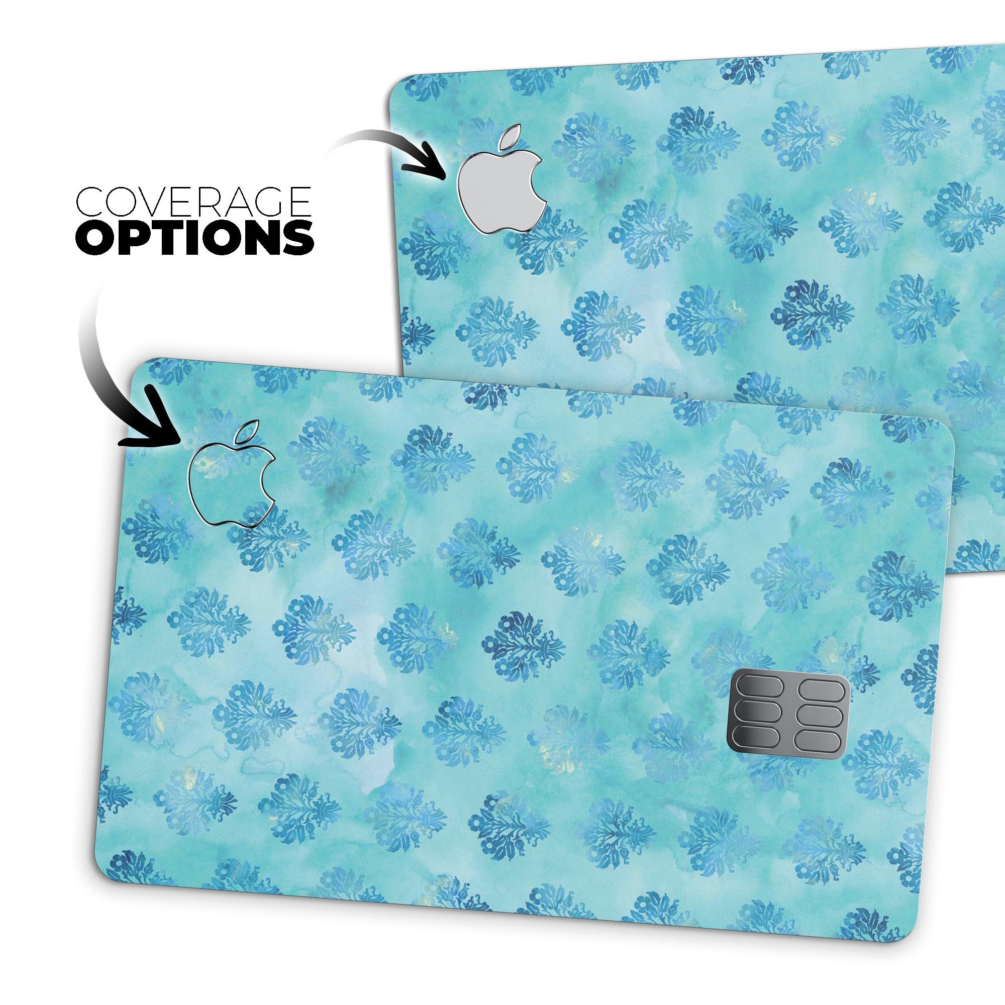 Shabby Chic Blue Watercolor Pattern decal on an Apple Card, showcasing its vibrant colors and protective design.