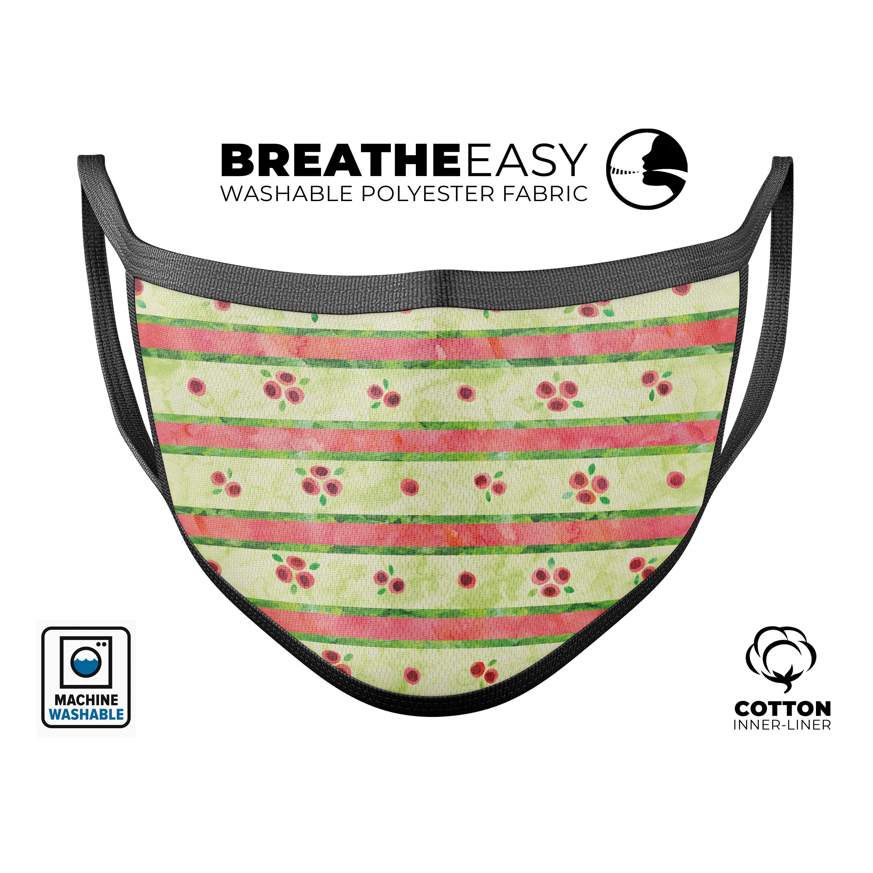 Shabby Chic Watercolor Holly Pattern mouth cover, showcasing vibrant colors and a comfortable fit, made in the USA.