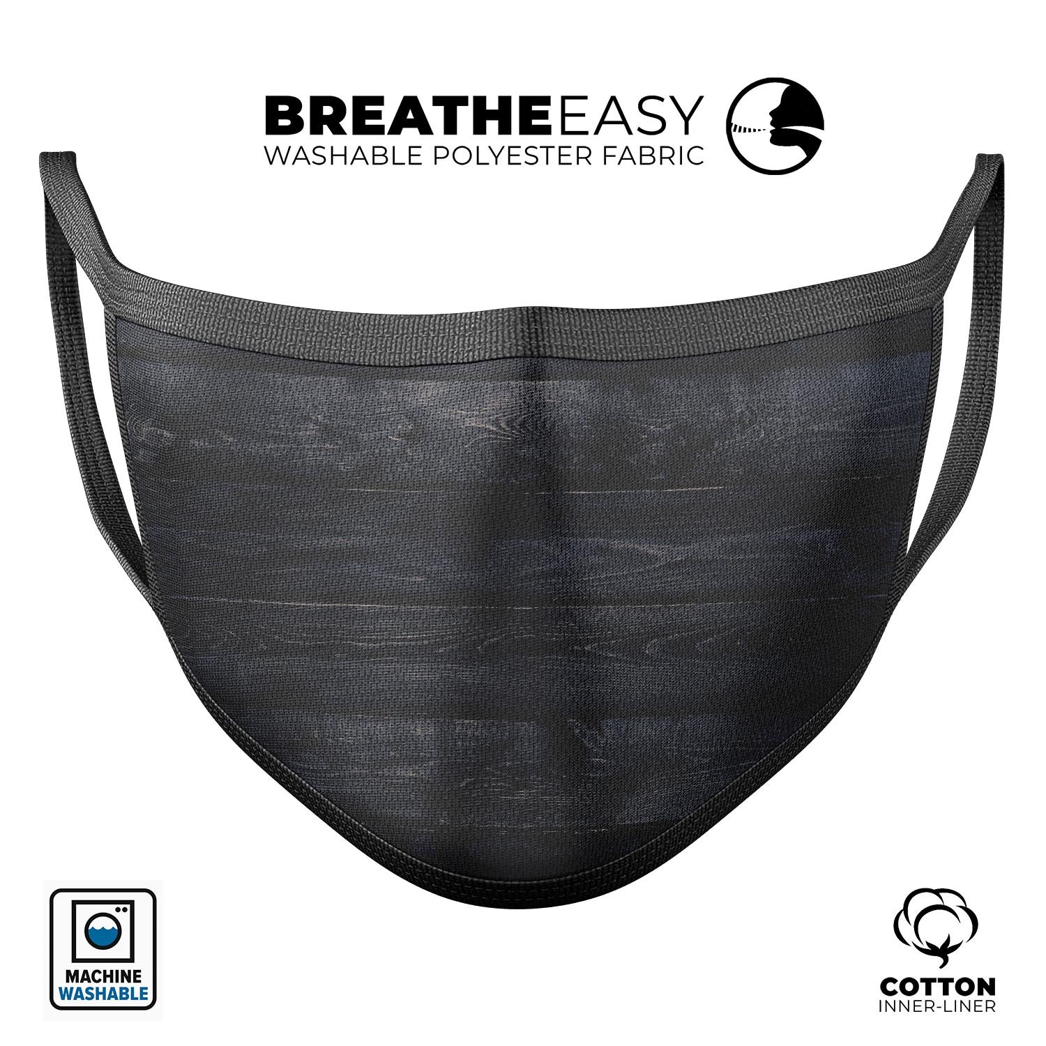 Shades of Black Vintage Wood mouth cover, showcasing a stylish design with adjustable ear loops, made in the USA.