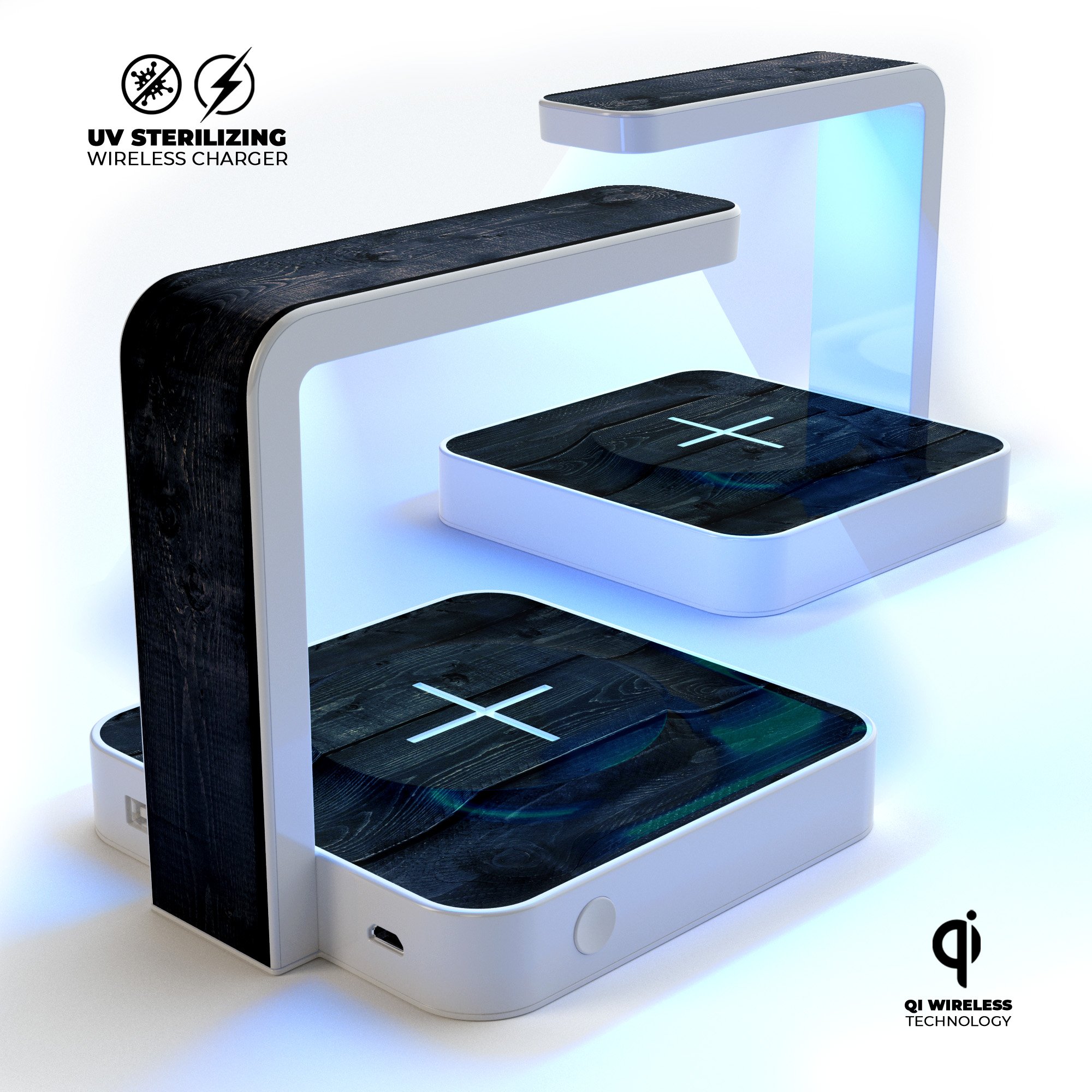 Shades of Black Vintage Wood UV Germicidal Sanitizing Sterilizing charger with a sleek design, showcasing its wireless charging feature and sterilizing lamp.