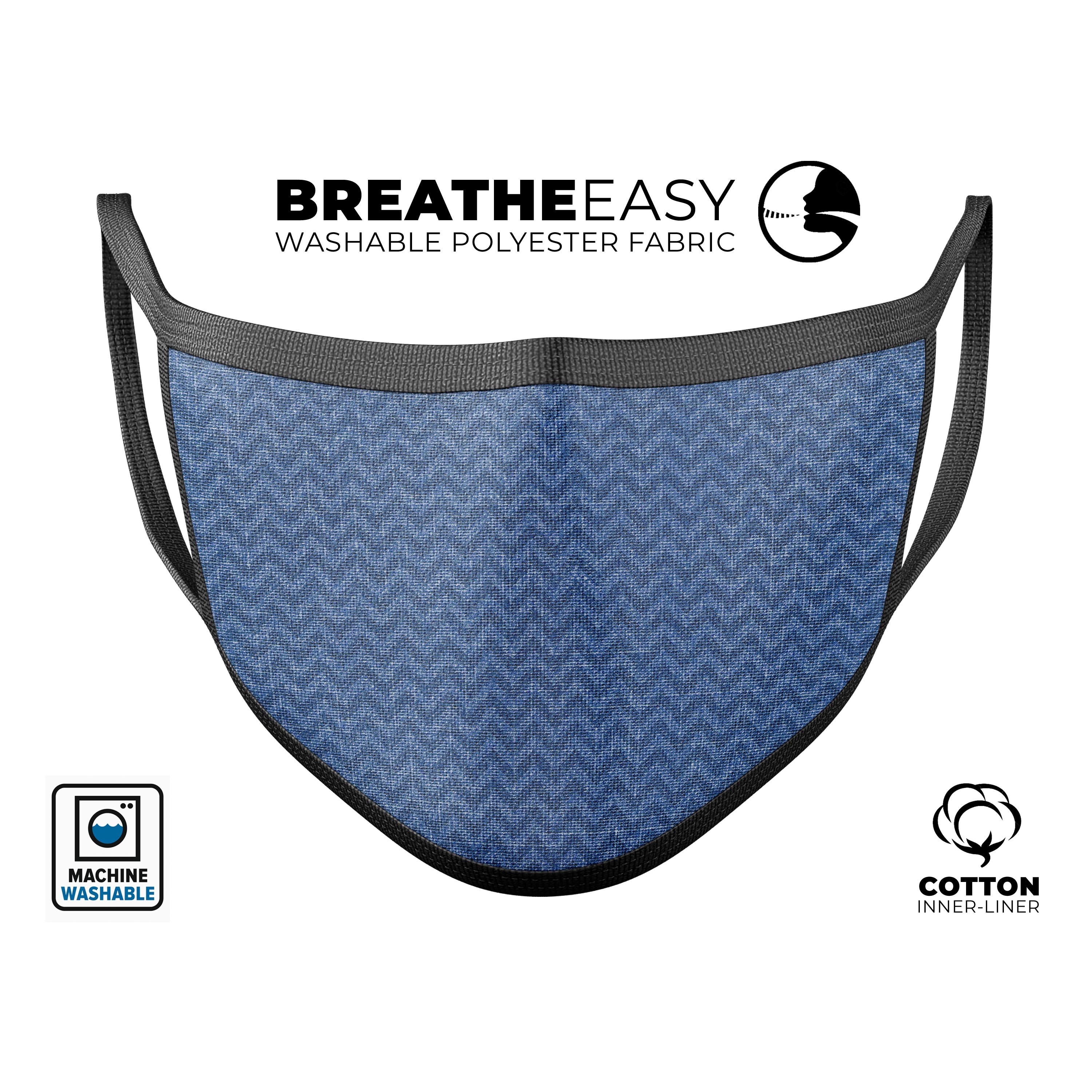 Shades of Blue Horizontal Chevron Pattern mouth cover, showcasing a vibrant chevron design with adjustable ear loops.