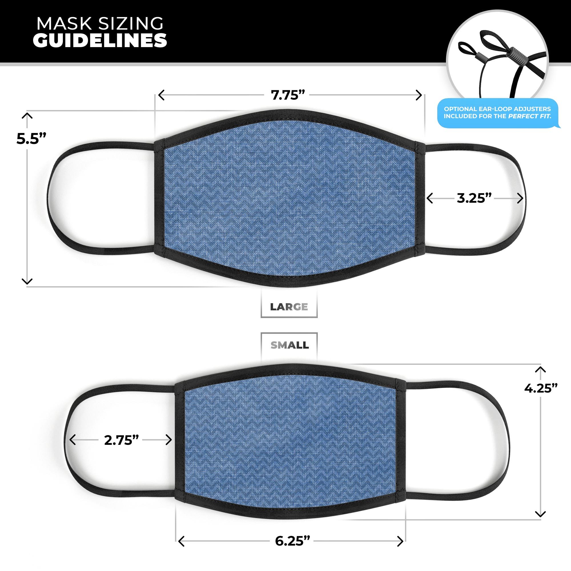 Shades of Blue Horizontal Chevron Pattern mouth cover, showcasing a vibrant chevron design with adjustable ear loops.