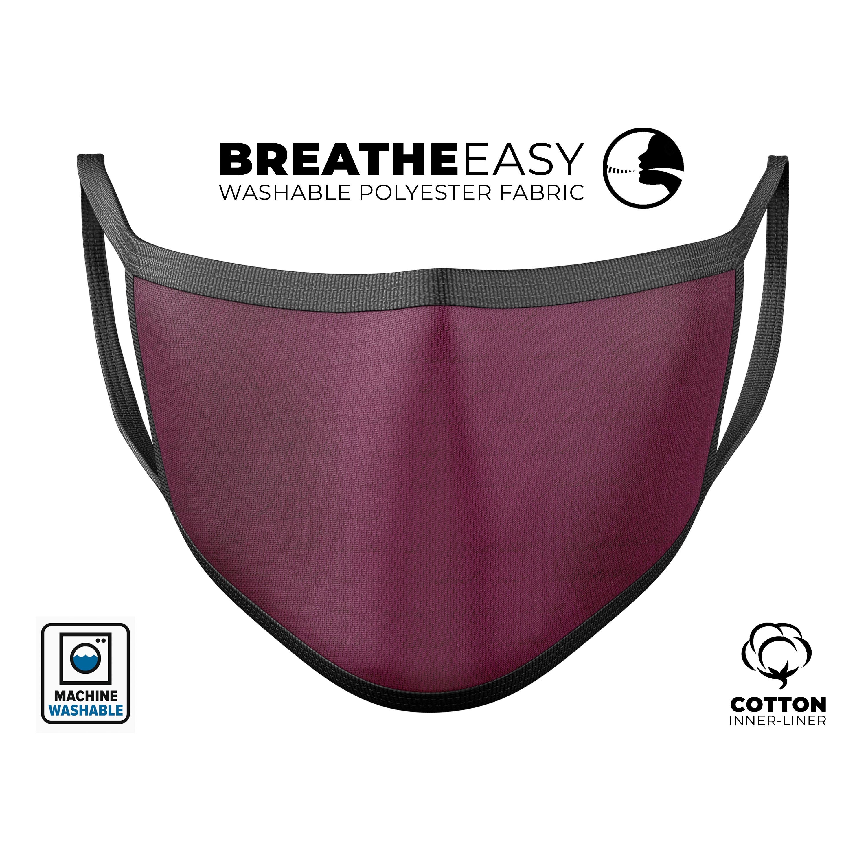 Shades of Burgundy Over Vintage Script reusable face mask, featuring adjustable ear-loops and a soft cotton interior, made in the USA.