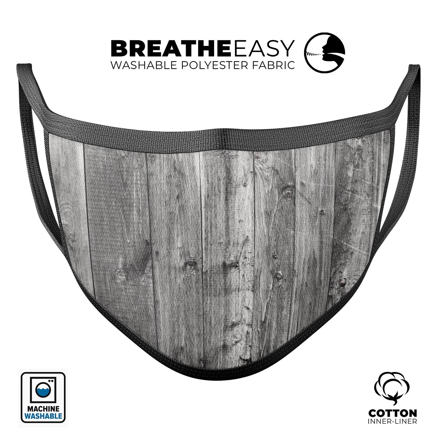 Shades of Gray Vintage Wood mouth cover, a stylish and comfortable reusable face mask made in the USA, featuring adjustable ear loops.