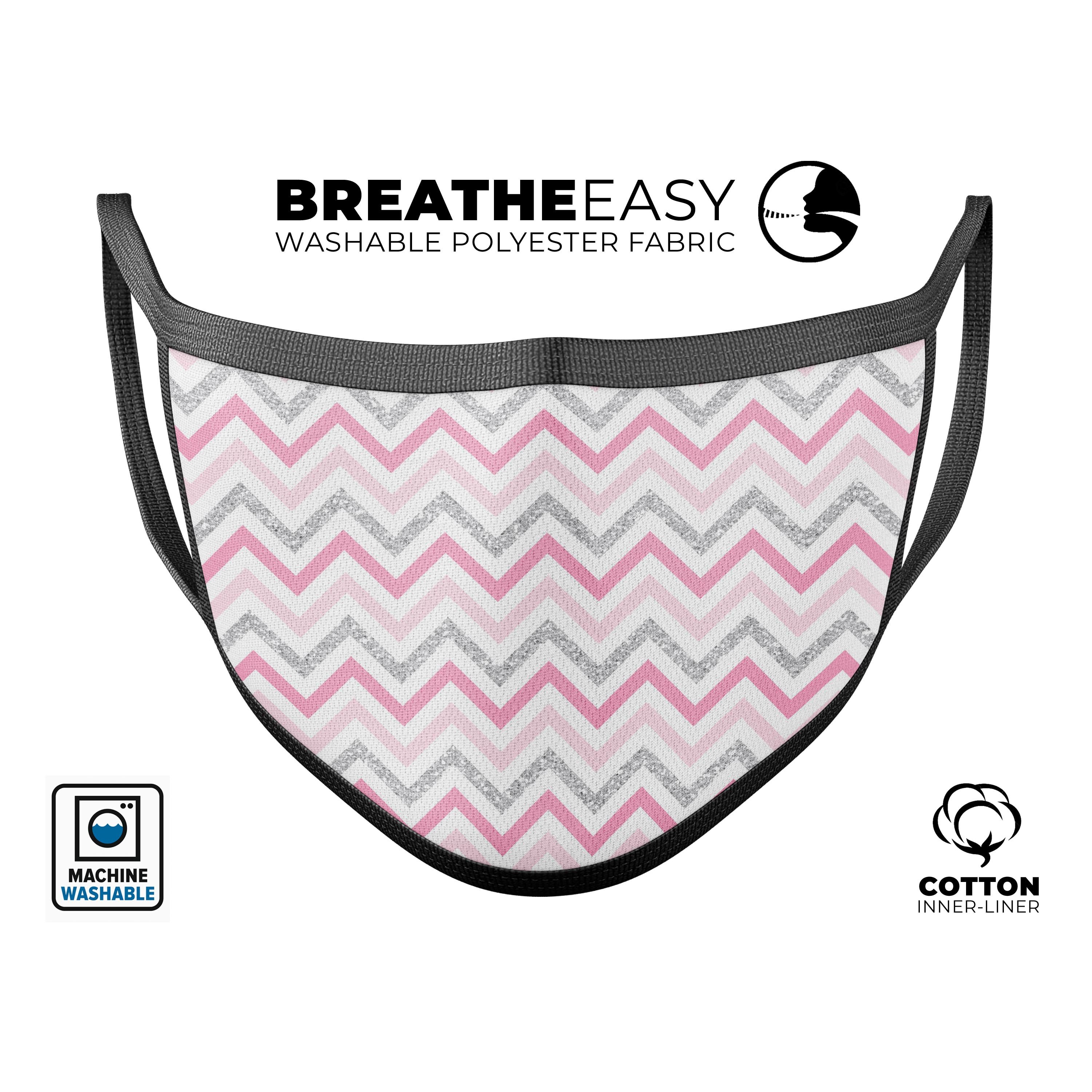 Shades of Pink Glitter Chevron mouth cover, featuring a vibrant chevron pattern, adjustable ear loops, and a soft cotton interior for comfort.