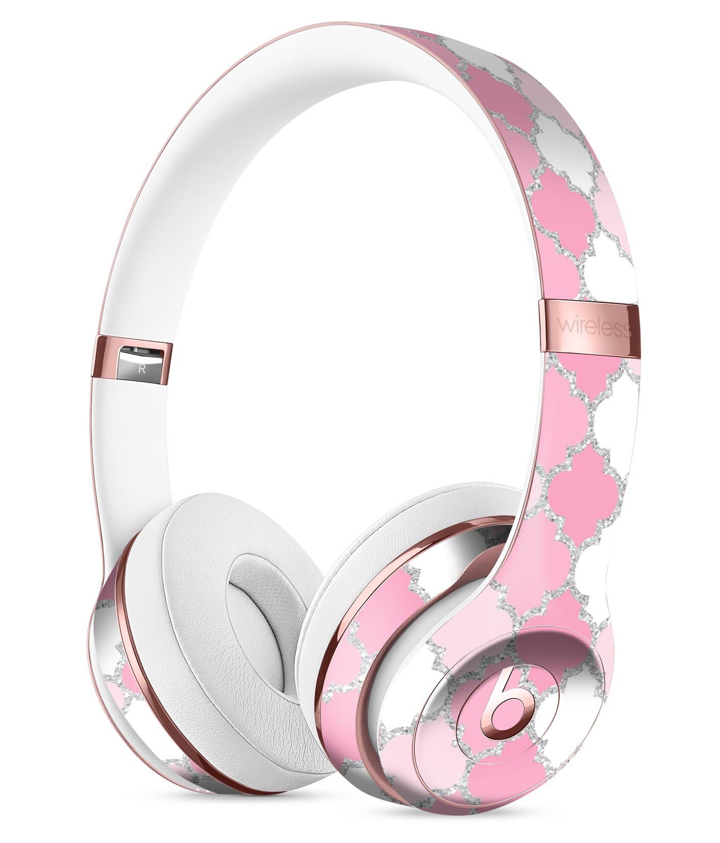 Shades of Pink Quatrefoil Full-Body Skin Kit designed for Beats by Dre Solo 3 Wireless Headphones, showcasing vibrant pink colors and elegant pattern.