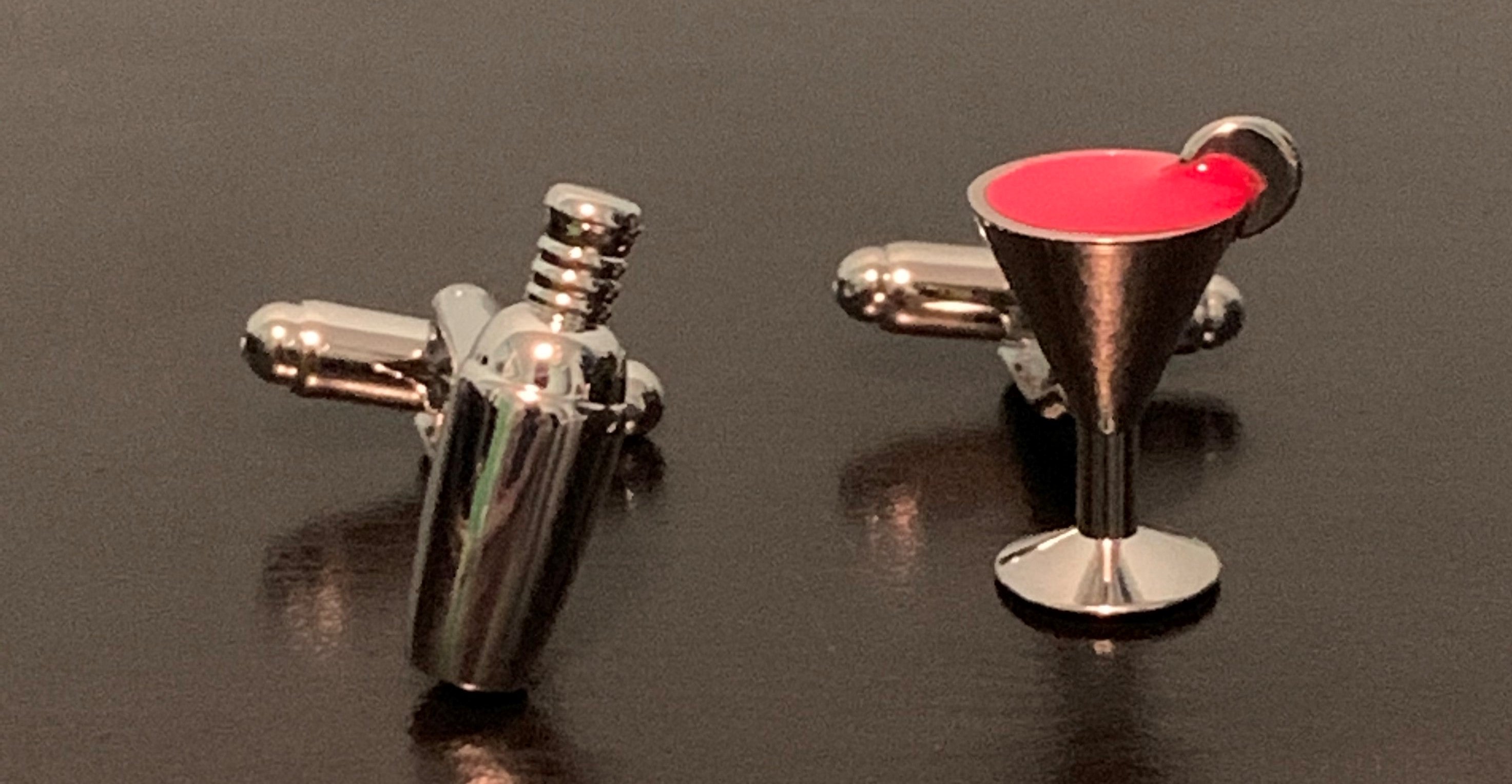 Elegant Shaken Not Stirred Martini Cufflinks featuring a martini shaker and glass design, perfect for cocktail enthusiasts.