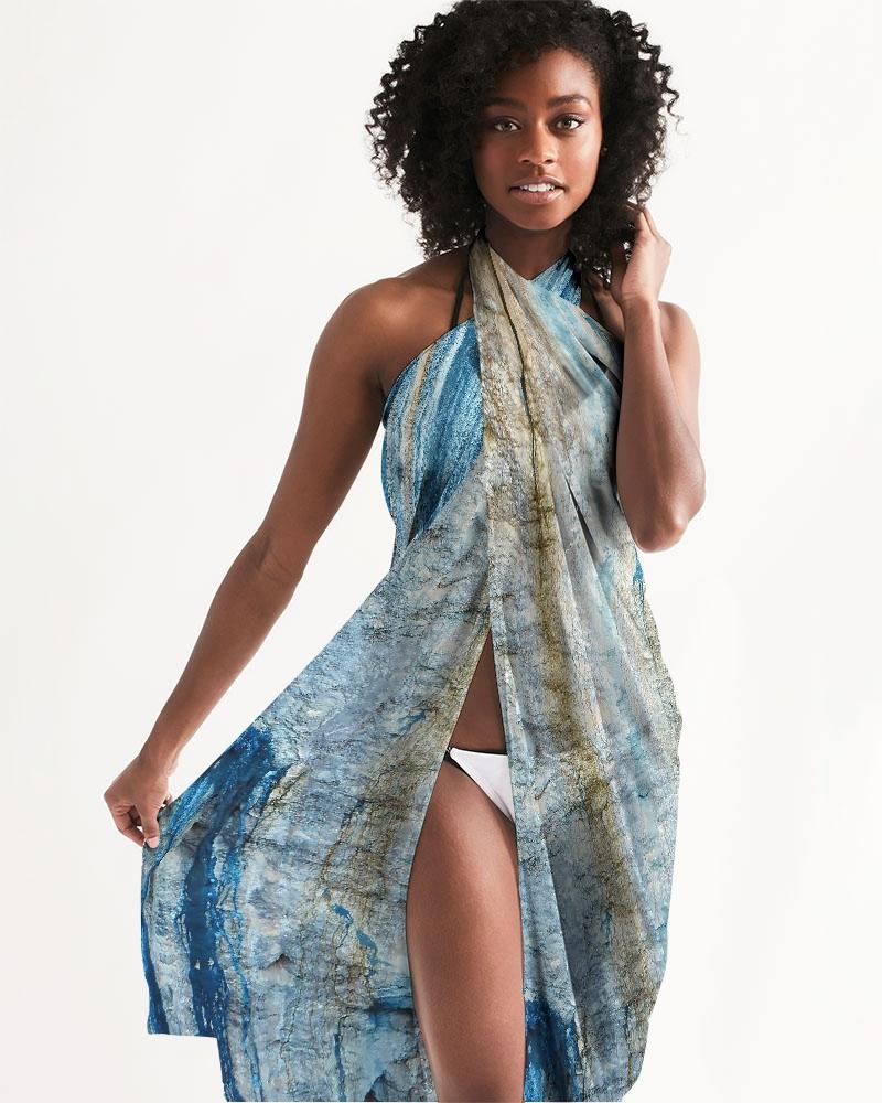 A sheer swim cover-up featuring a beautiful Blue Mountain outdoor landscape print, lightweight and flowy, perfect for beach or pool wear.