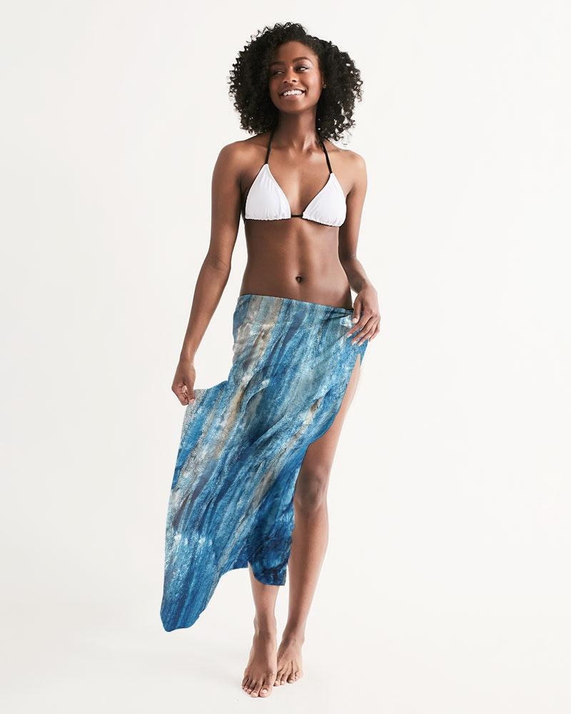 A sheer swim cover-up featuring a beautiful Blue Mountain outdoor landscape print, lightweight and flowy, perfect for beach or pool wear.