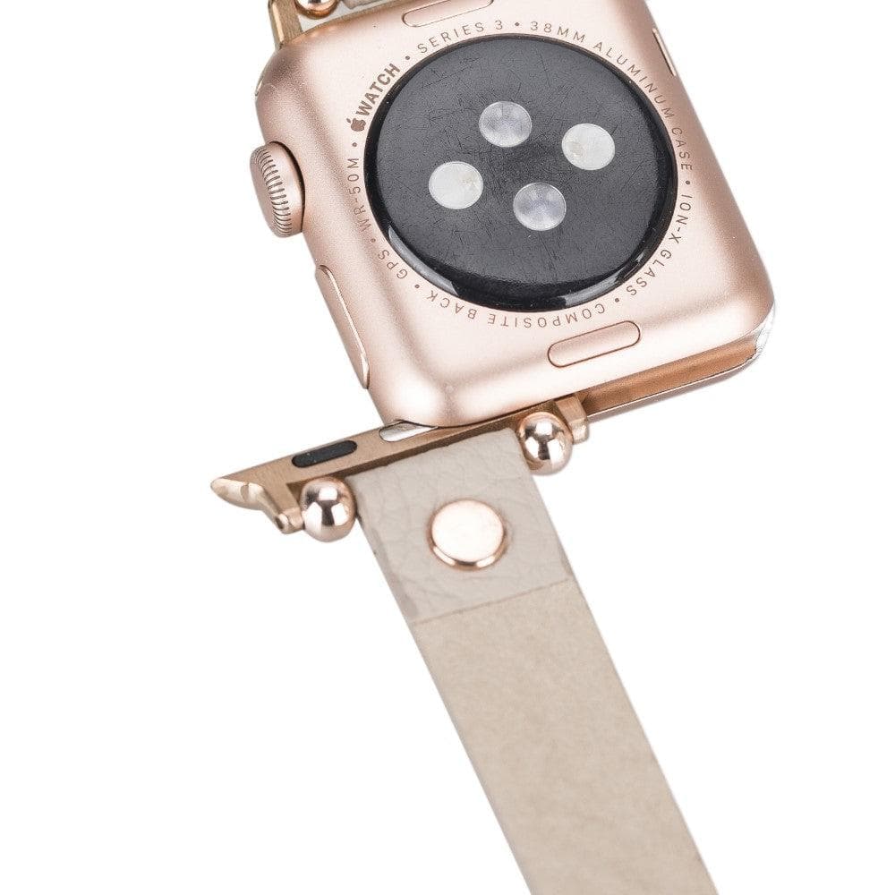 Shibden Ferro Apple Watch Leather Watch Strap in premium full-grain leather with stainless steel buckle, showcasing personalization options.