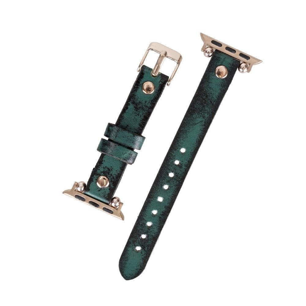 Shibden Ferro Apple Watch Leather Watch Strap in premium full-grain leather with stainless steel buckle, showcasing personalization options.