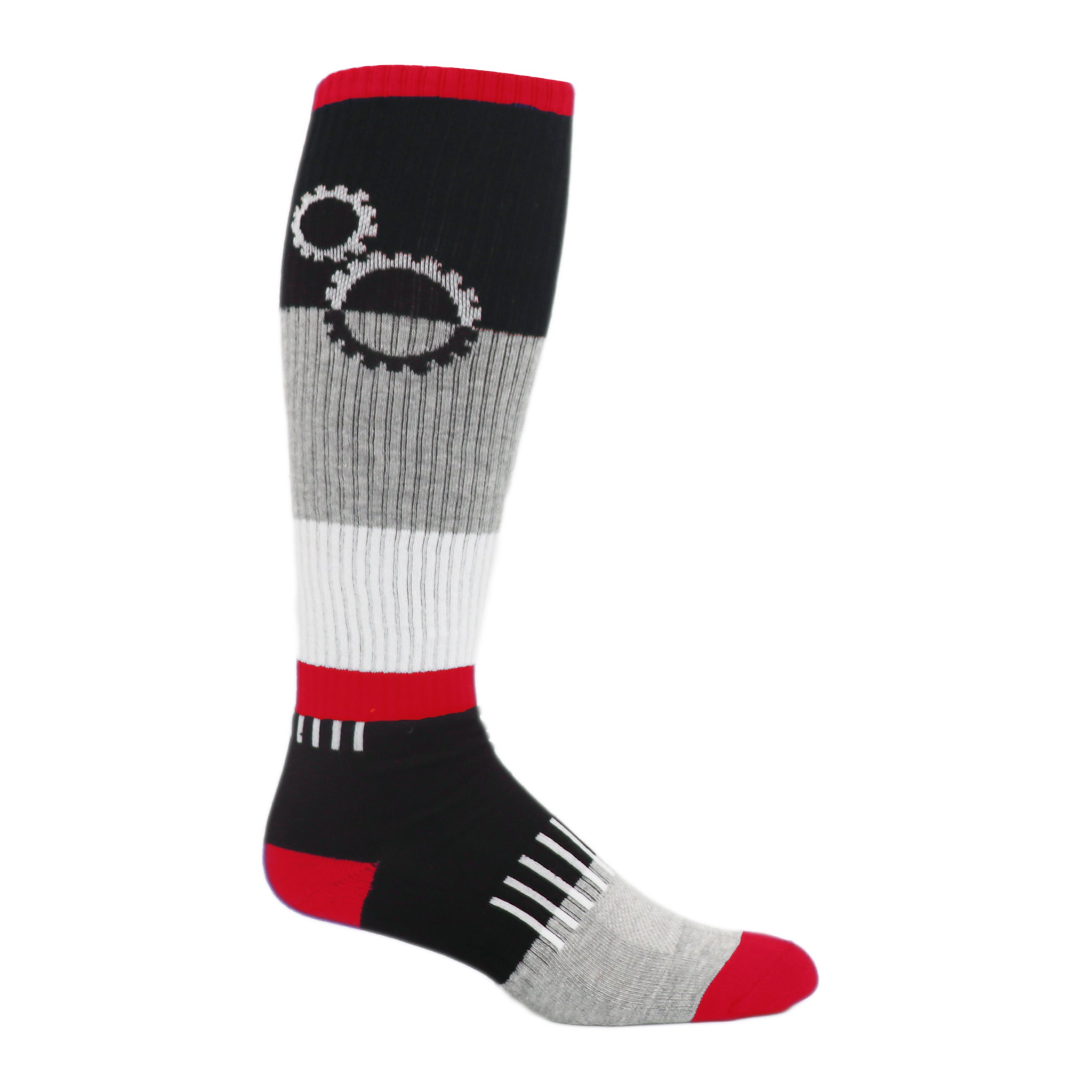 ShiftGear Knee High Socks featuring alternating greys, whites, and blues with a unique gear pattern at the top.