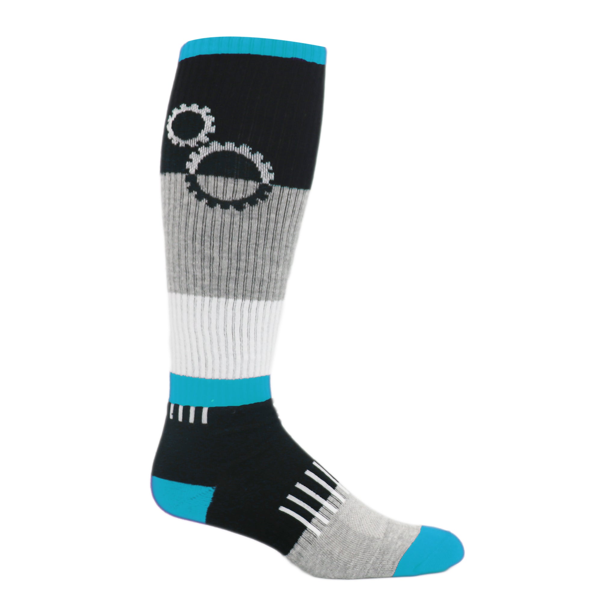 ShiftGear Knee High Socks featuring alternating greys, whites, and blues with a unique gear pattern at the top.