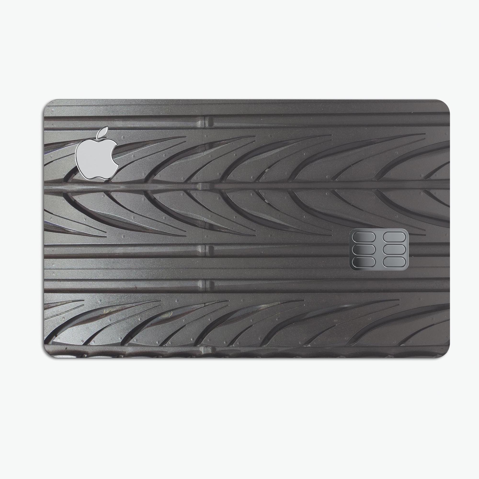 Shiny Black Tire Tread decal skin-kit for Apple Card, showcasing premium vinyl finish and bubble-free installation.