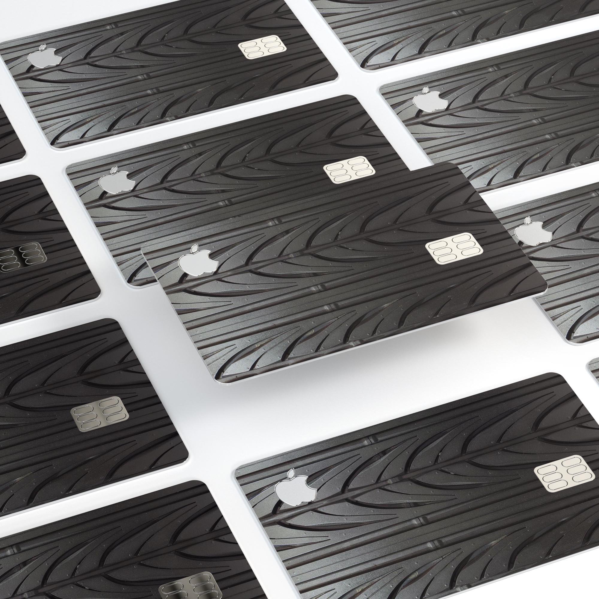 Shiny Black Tire Tread decal skin-kit for Apple Card, showcasing premium vinyl finish and bubble-free installation.