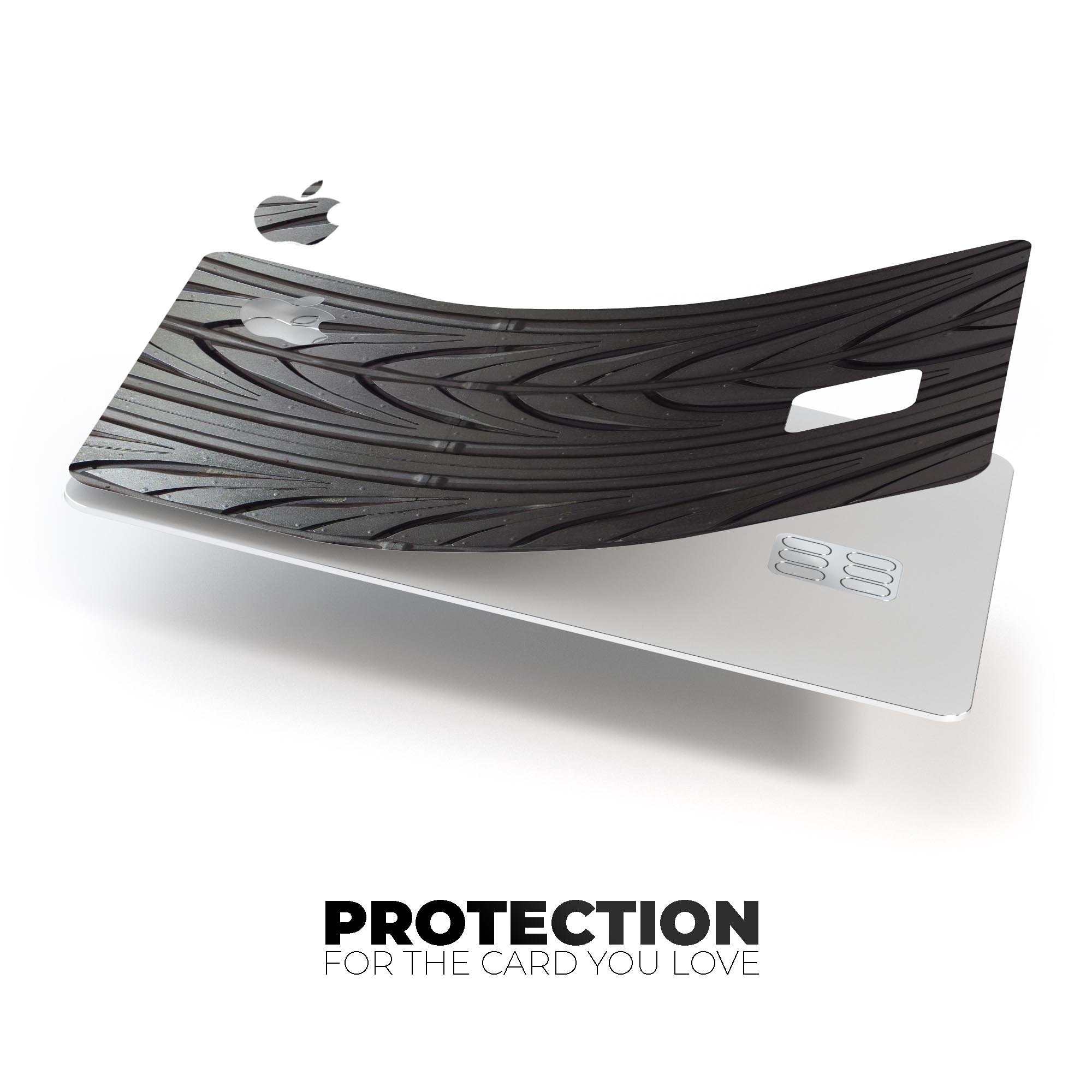 Shiny Black Tire Tread decal skin-kit for Apple Card, showcasing premium vinyl finish and bubble-free installation.